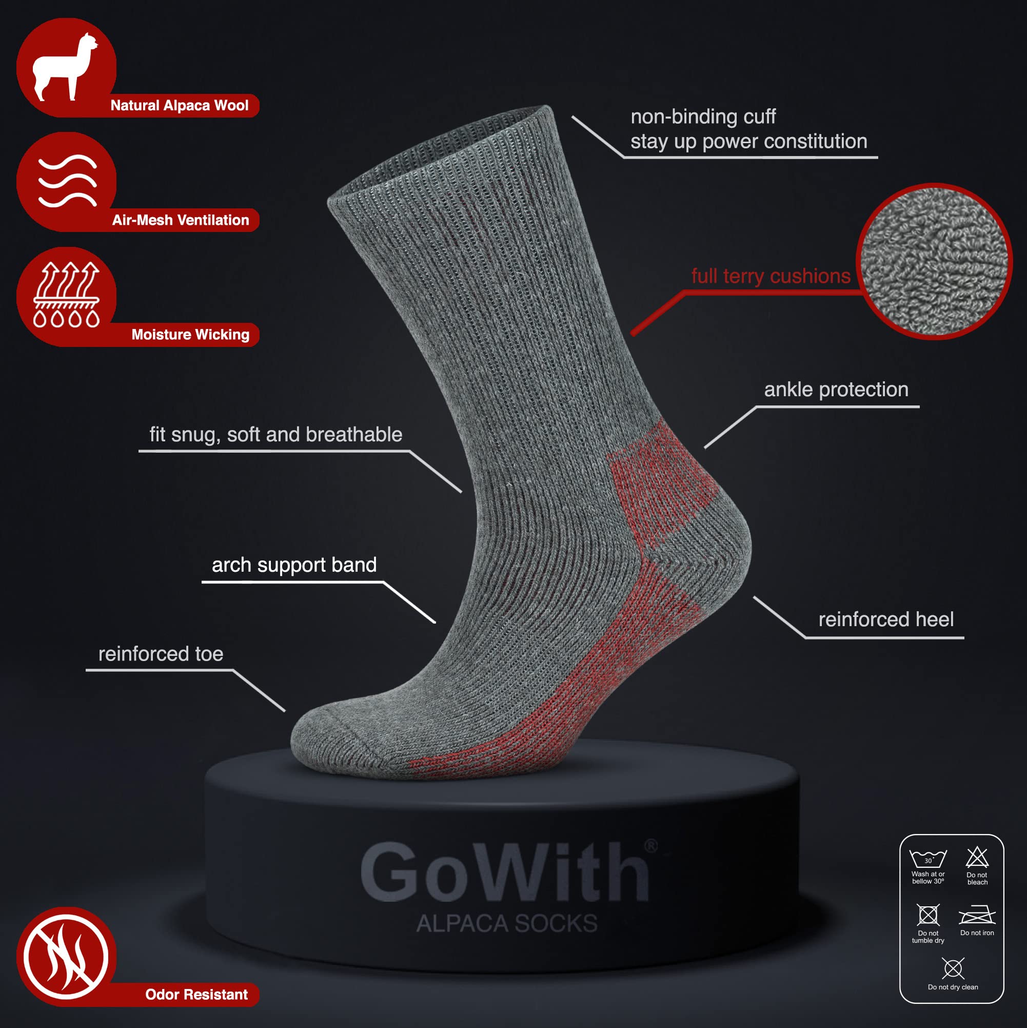 Premium Alpaca Wool Hiking Socks for Men & Women - Thermal Merino Blend, Cushioned Terry Crew Socks for Winter, Camping & Outdoor Adventures - Warm & Breathable Cold Weather Socks for Hiking, Trekking & Snow Activities