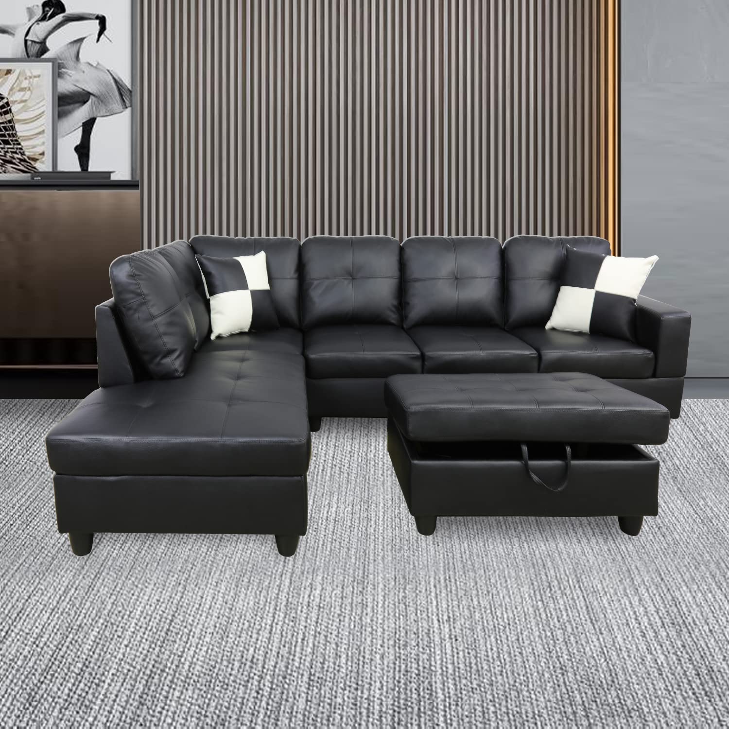 3-Piece Black Leather Sectional Sofa Set with Storage Ottoman - Left-Hand Facing Living Room Couch for Apartment, Bedroom & Small Spaces - Modern Comfortable Seating for Family Gatherings & Movie Nights