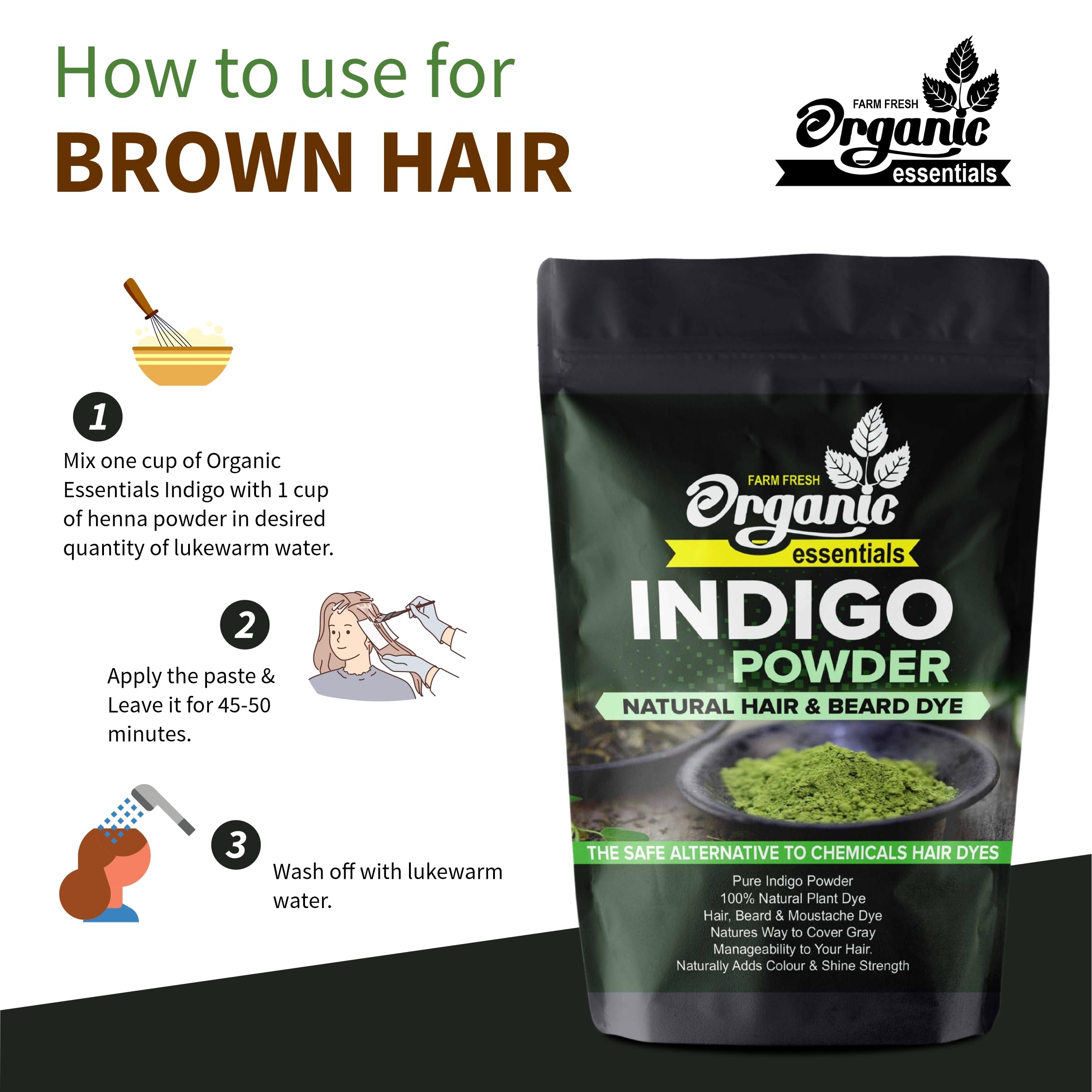 Organic Indigo Powder for Hair & Beard - 250g Pure Natural Hair Dye, Chemical-Free Herbal Colorant | Safe DIY Hair Coloring, Gray Coverage & Natural Black Dye for Men & Women
