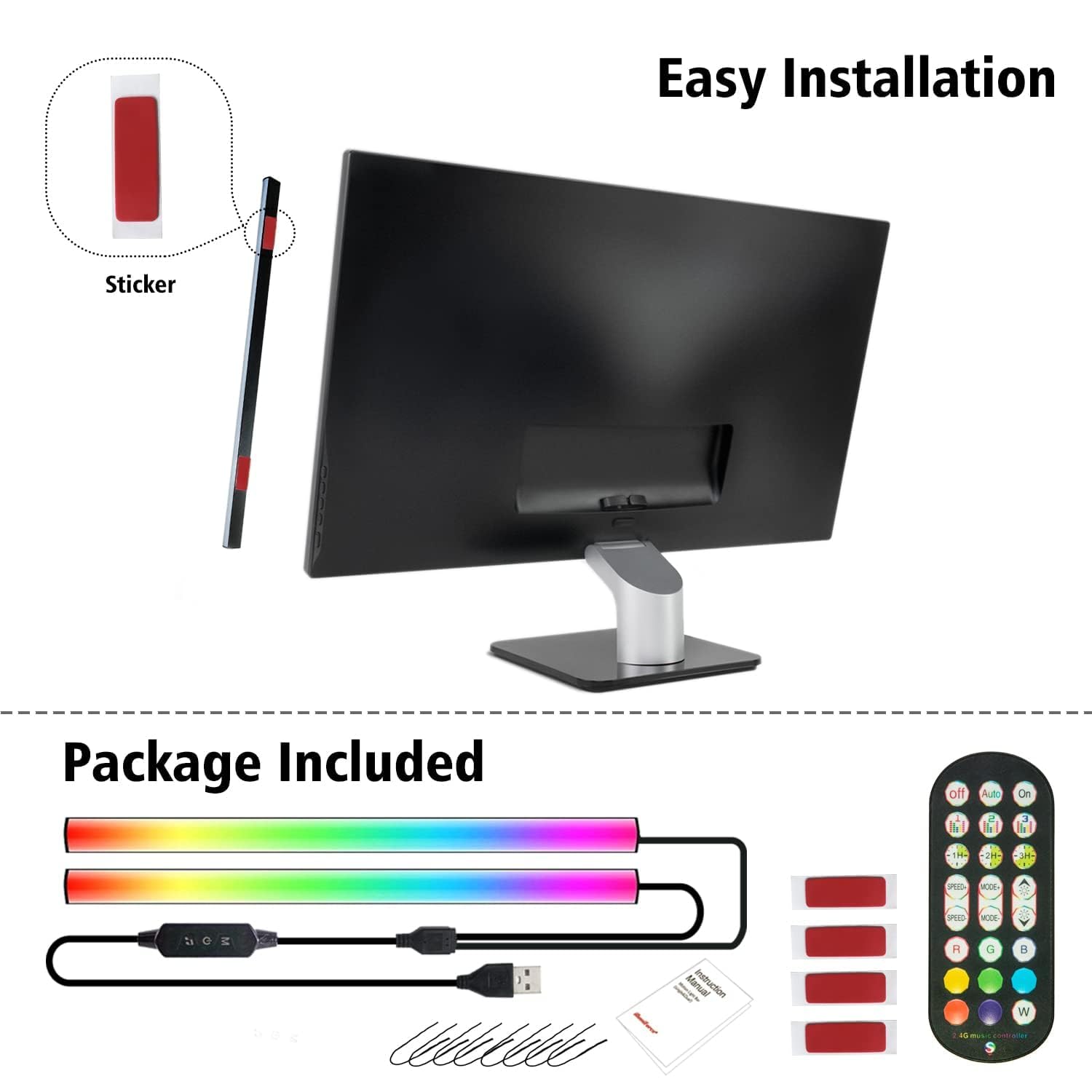 RGB Gaming Light Bar with Music Sync - 2-in-1 USB LED Desk Lamp for PC Monitor & TV, Remote & App Control, Dynamic Rainbow Effects - Perfect for Gaming Setup, Home Office & Room Decoration
