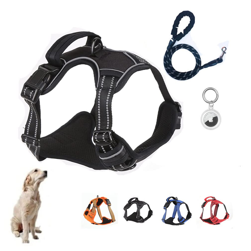 Heavy-Duty Reflective No-Pull Dog Harness and Leash Set with AirTag Holder - Adjustable Pet Vest for Small, Medium & Large Dogs - Perfect for Walking, Running & Outdoor Adventures (Black, Medium)