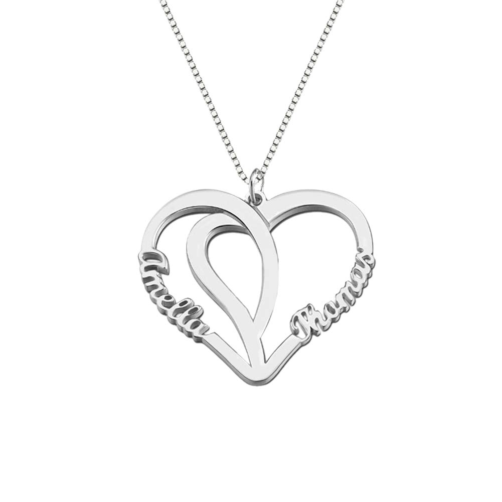 925 Sterling Silver Personalized Double Heart Necklace - Custom Name Engraved Pendant for Couples, Anniversary Gift, Valentine's Day Jewelry for Her/Him - Perfect for Romantic Occasions & Special Moments