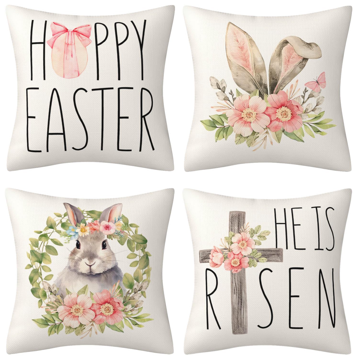 Easter Spring Pillow Covers Set of 4 - 18x18 Inch Bunny Rabbit Decor for Sofa, Couch, Bed & Home Office - Soft Decorative Throw Pillow Cases for Seasonal Home Decor