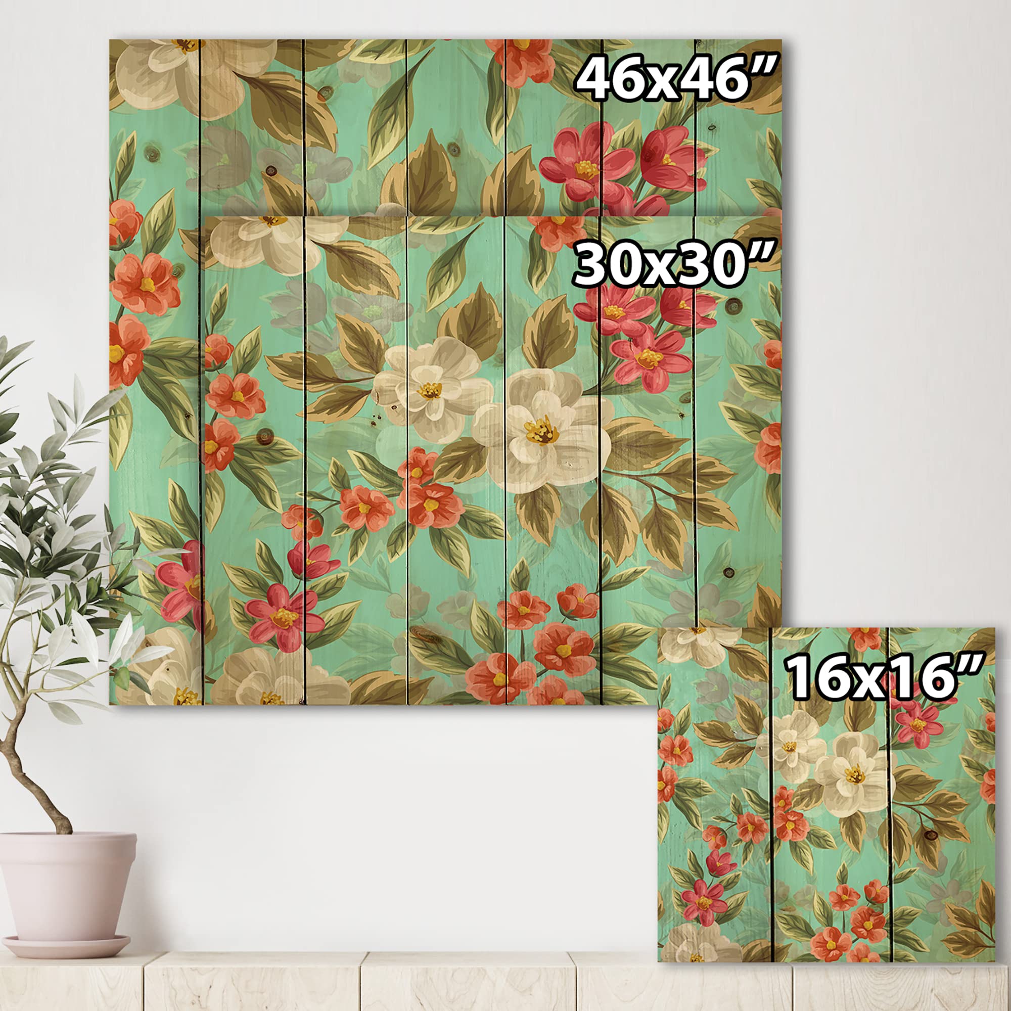 DesignQ Floral Seamless Pattern Traditional Wood Wall Decor - Green Wood Wall Art - Large Floral Wood Panels Printed on Natural Pine - Perfect for Living Room, Bedroom & Office Decor