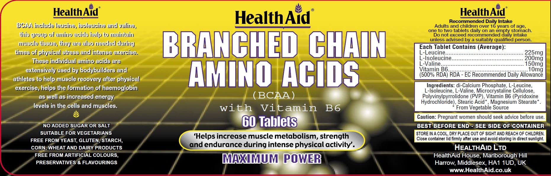 Health Aid Branch Chain Amino Acids (BCAA) 60 Tablets - Muscle Recovery & Performance Supplement for Athletes & Fitness Enthusiasts