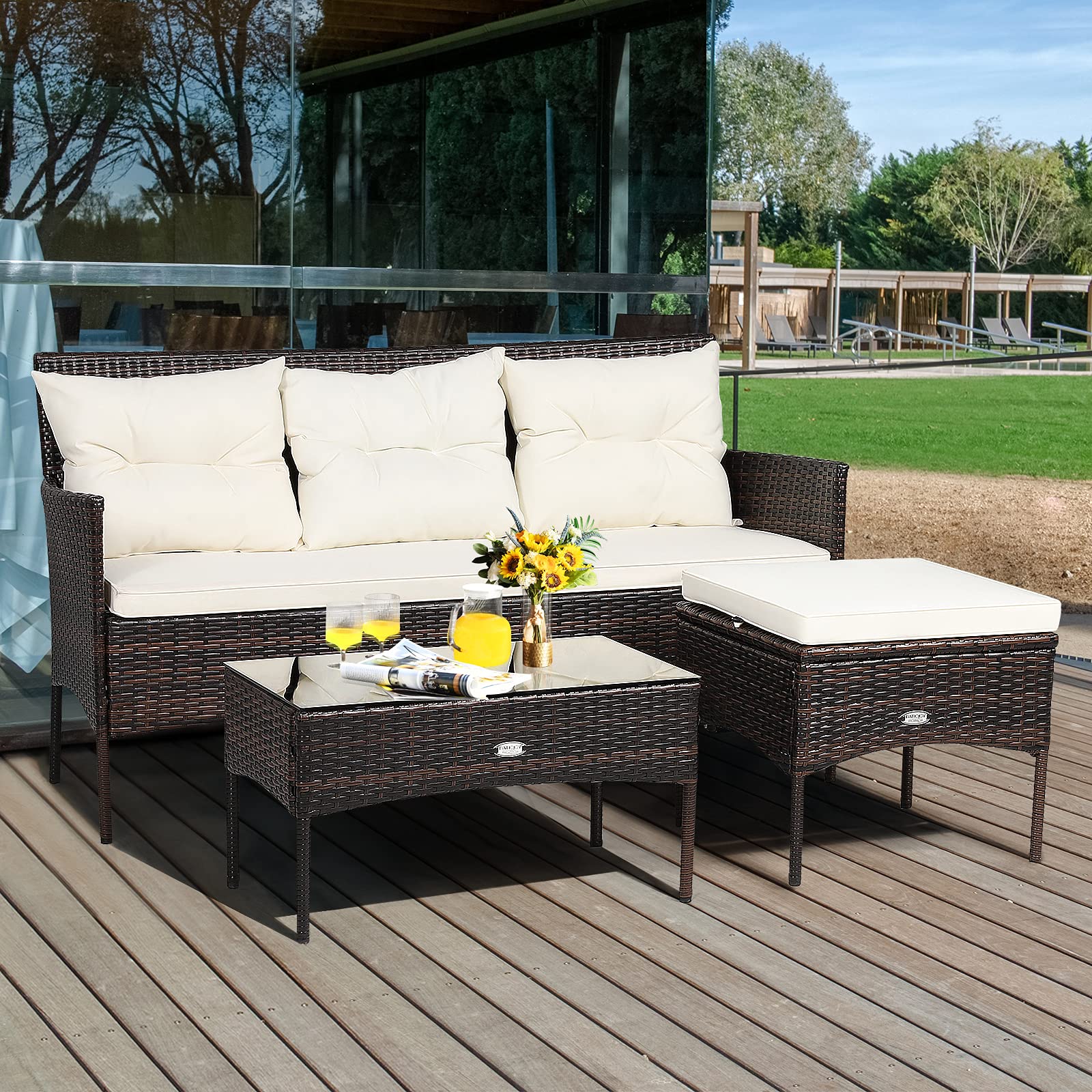 HappyGrill 3-Piece Outdoor Rattan Patio Furniture Set with Tempered Glass Coffee Table & 5 Elastic Cushions - Waterproof Sectional Sofa for Poolside, Balcony, Backyard, Garden - Perfect for Relaxing, Entertaining & Outdoor Dining