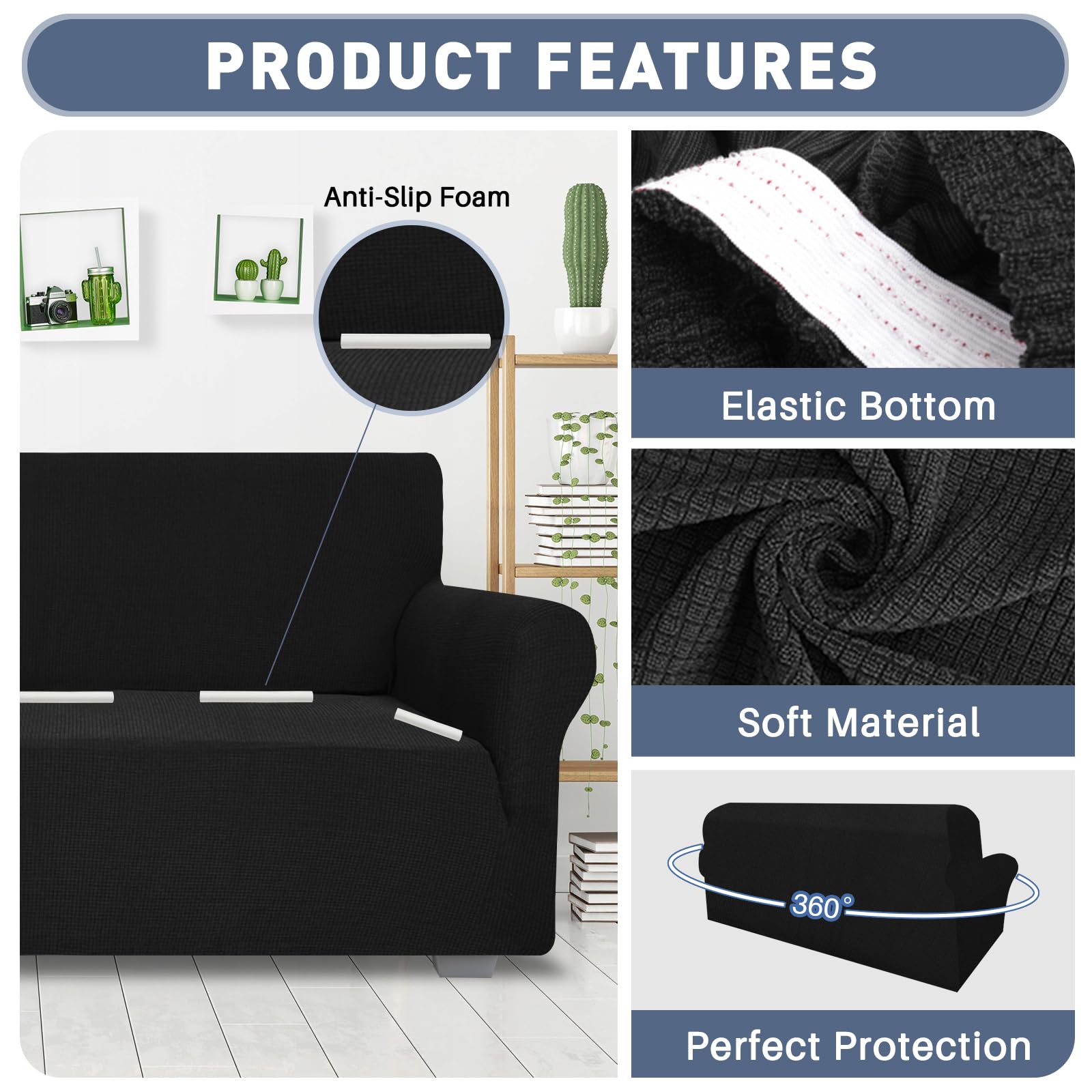 JIVINER High Stretch 1-Piece Sofa Slipcover - Extra Large 3-Cushion Couch Cover with Anti-Slip Elastic Bottom, Furniture Protector for Pets (XL, Black) - Perfect for Living Room, Family Room & Pet-Friendly Homes