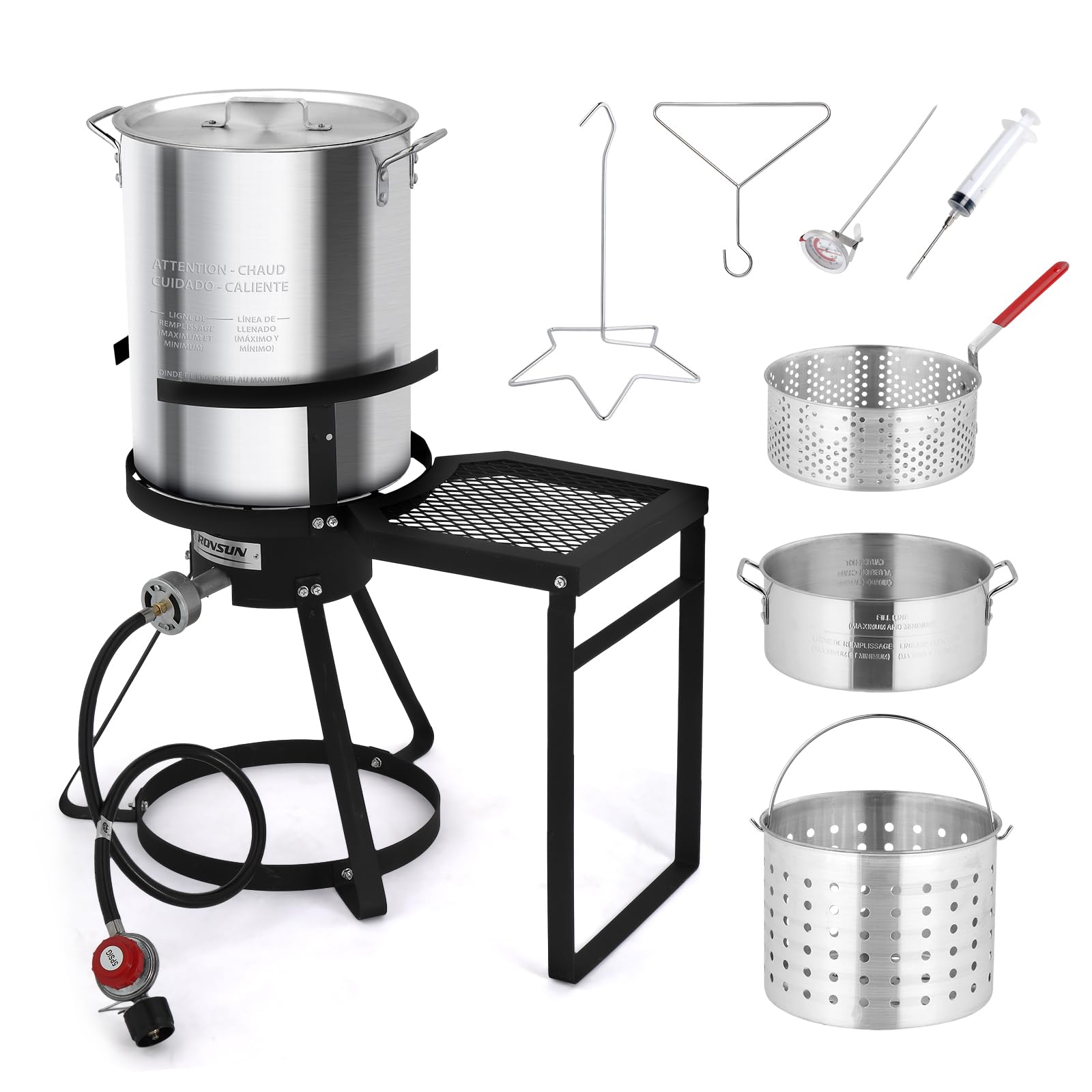 ROVSUN 30QT Turkey Fryer & 10QT Fish Fryer Kit - 55000BTU Propane Outdoor Deep Fryer with Shelf, Aluminum Seafood Boiler Steamer - Includes Baskets, Thermometer, Marinade Injector, Turkey Rack & Lifter - Perfect for Outdoor Cooking, Backyard Parties, and Holiday Turkey Frying