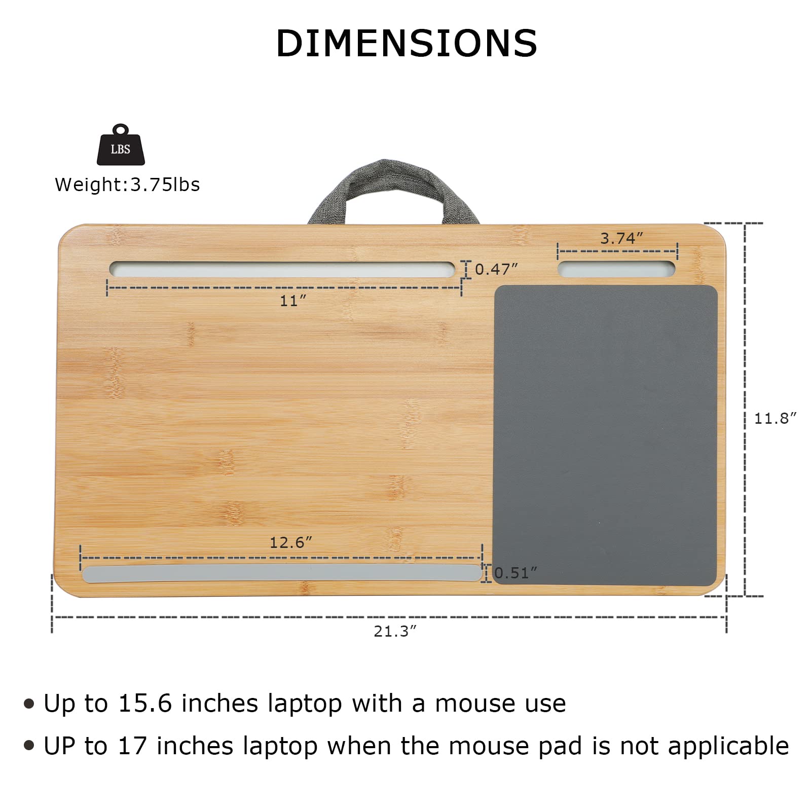 SUMISKY Portable Bamboo Laptop Lap Desk with Cushion - Oversized 17-Inch Laptop Stand with Handle, Tablet Support, Phone Holder & Mouse Pad - Perfect for Working on Sofa, Bed or Floor