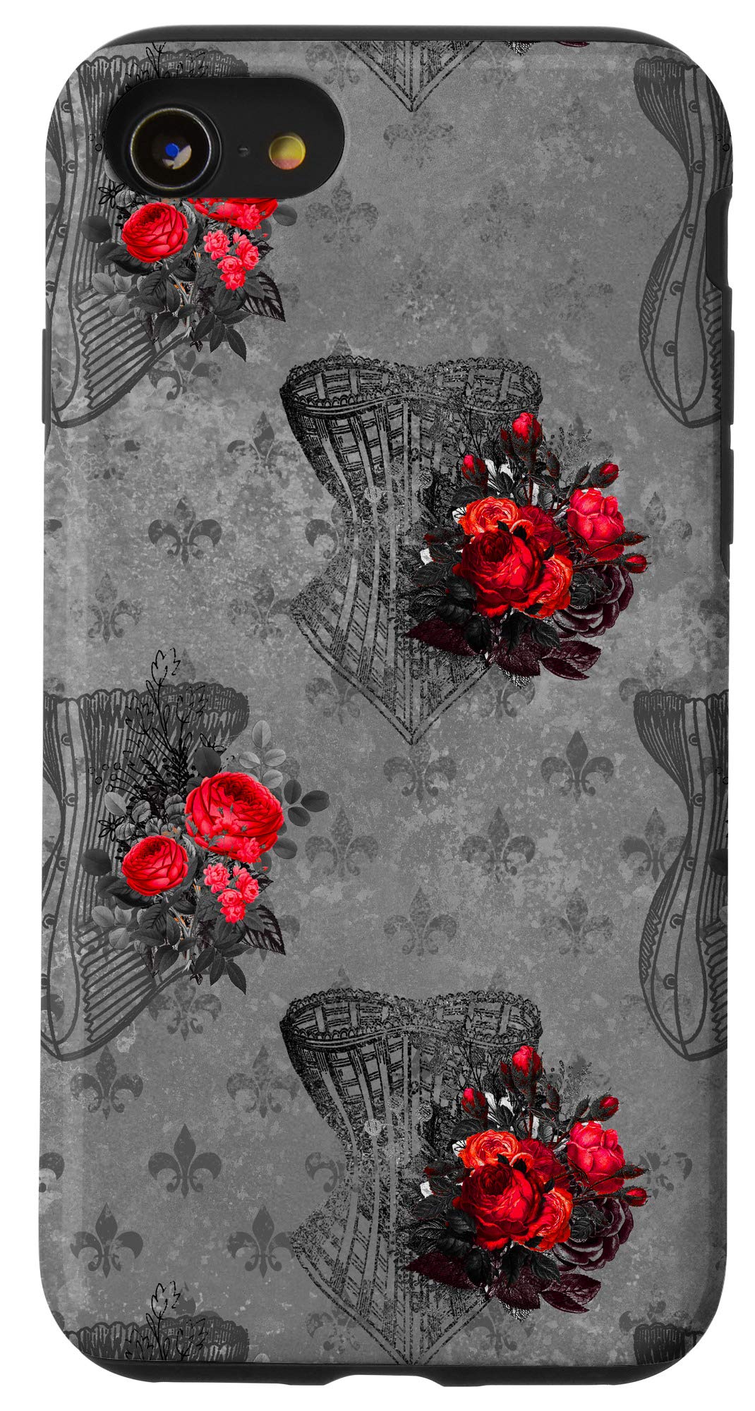Gothic Dark Red Corsets and Roses Occult Goth Phone Case for iPhone SE (2020) / 7 / 8 - Stylish Protective Cover for Gothic Lovers, Perfect for Halloween, Parties, and Alternative Fashion