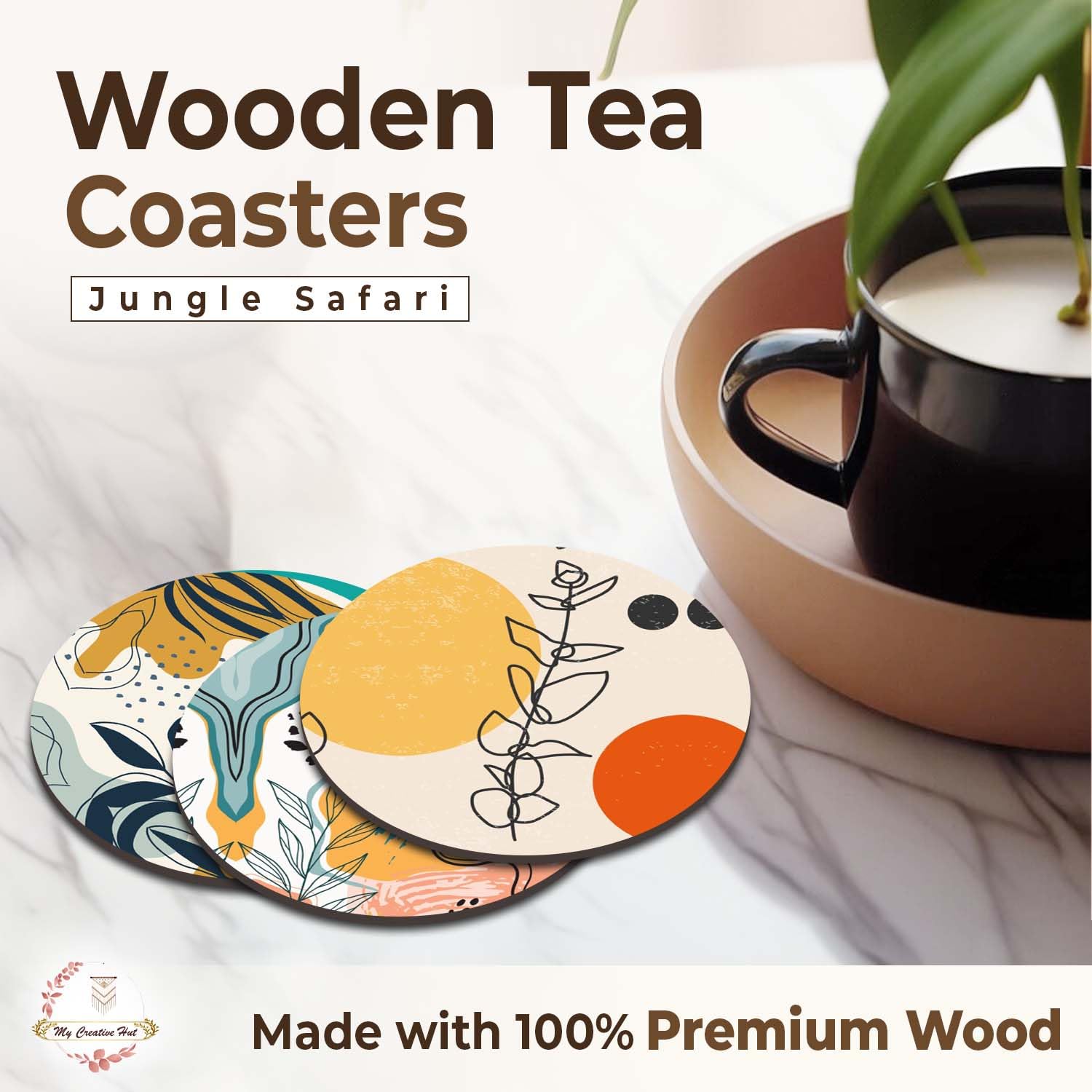 My Creative Hut Set of 6 Tea Coasters with Stand - Beautiful Jungle Safari Design for Tea Cups, Coffee Mugs & Glasses - Perfect for Home Decor, Office Use & Diwali Gifting