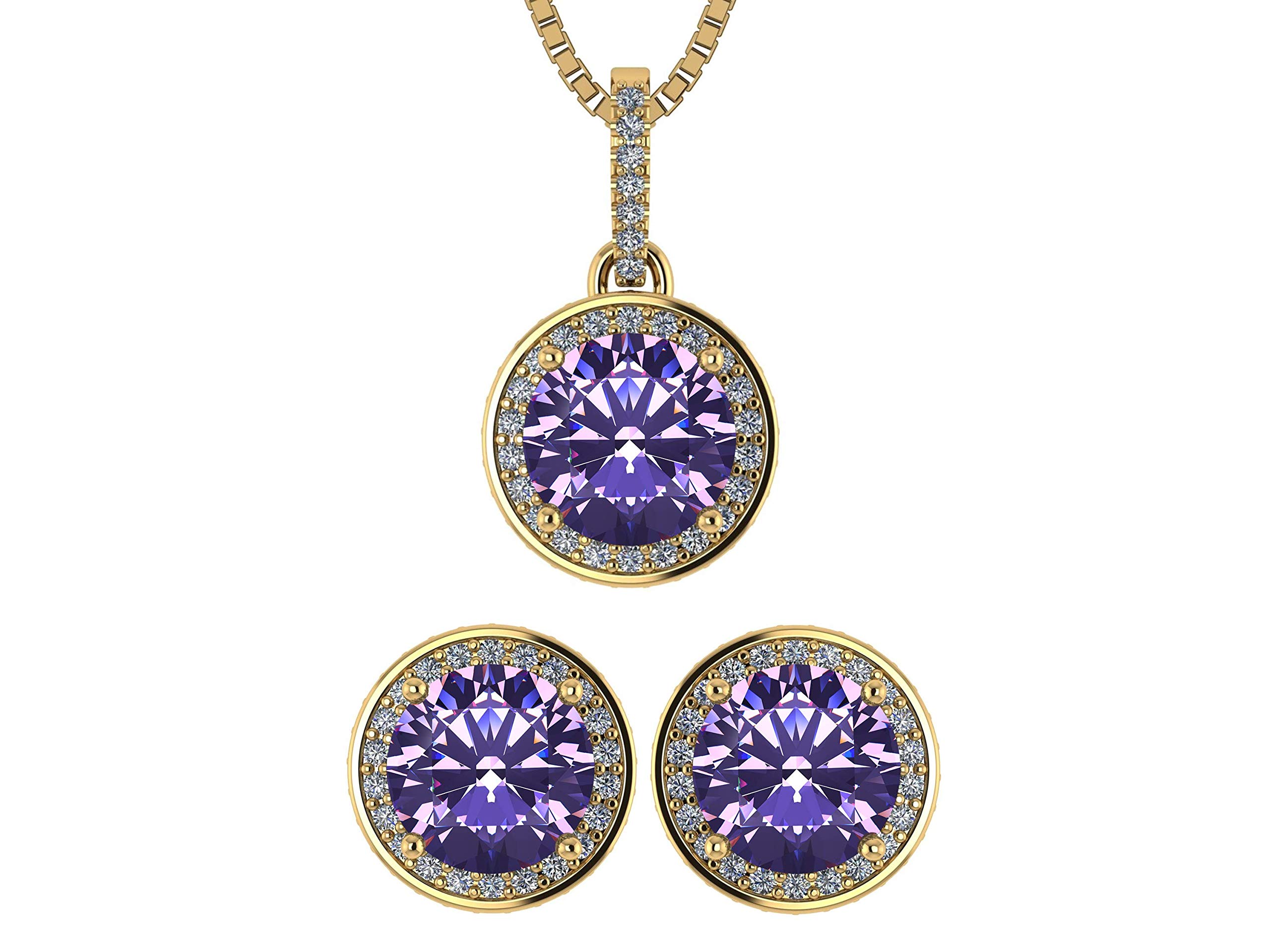 Central Diamond Center Round Halo Earrings & Necklace Set - 6.5mm Simulated Birthstones in 925 Sterling Silver, Hypoallergenic Jewelry for Women - Perfect for Birthdays, Anniversaries, and Special Occasions