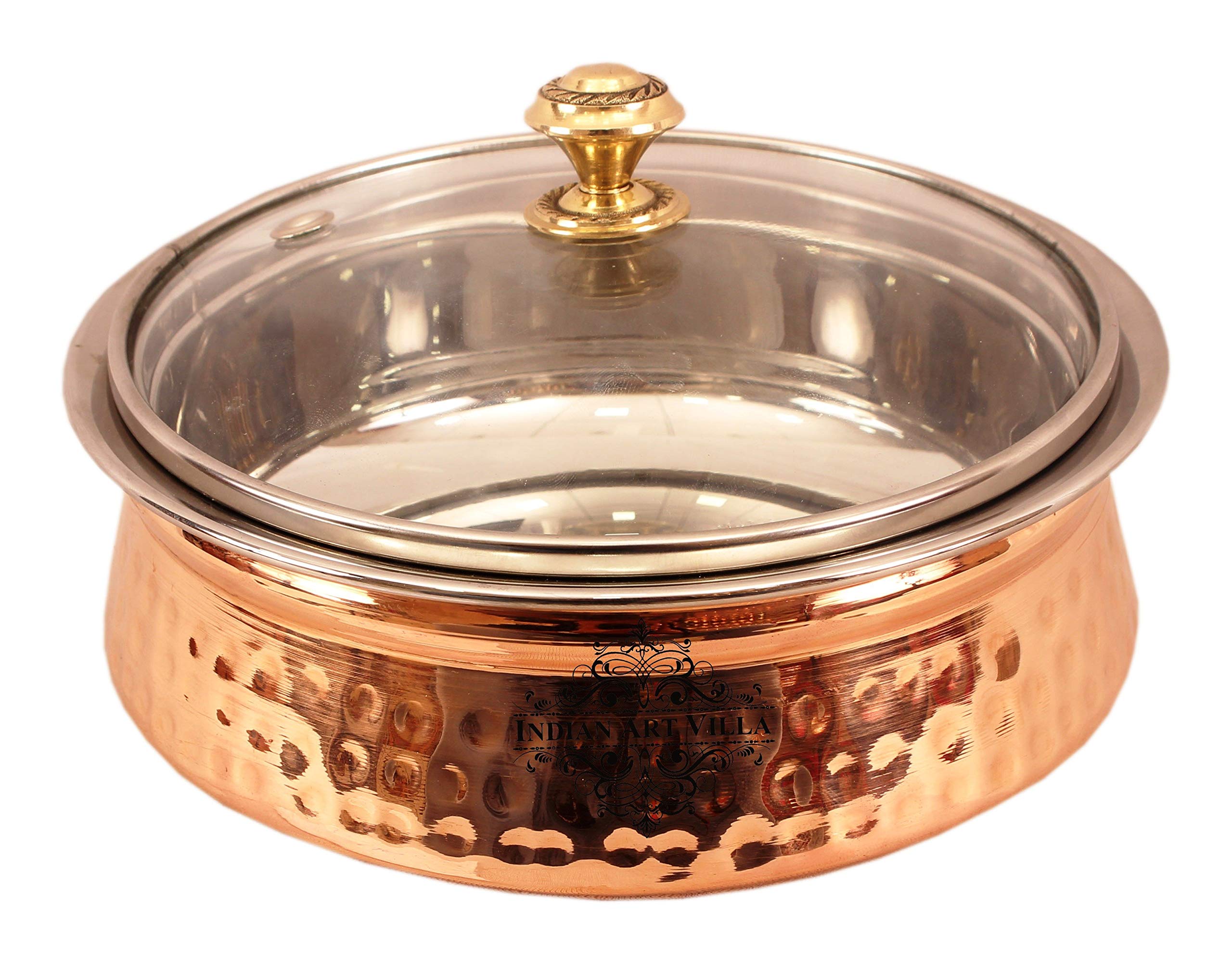 Premium Indian Handi Pot with Glass Lid - 25 Oz Steel & Copper Serving Dish for Chicken Biryani, Vegetables, Curries - Elegant Tableware for Home, Hotel, Restaurant - Set of 2 (Ideal for Festive Meals, Dinner Parties & Traditional Cooking)