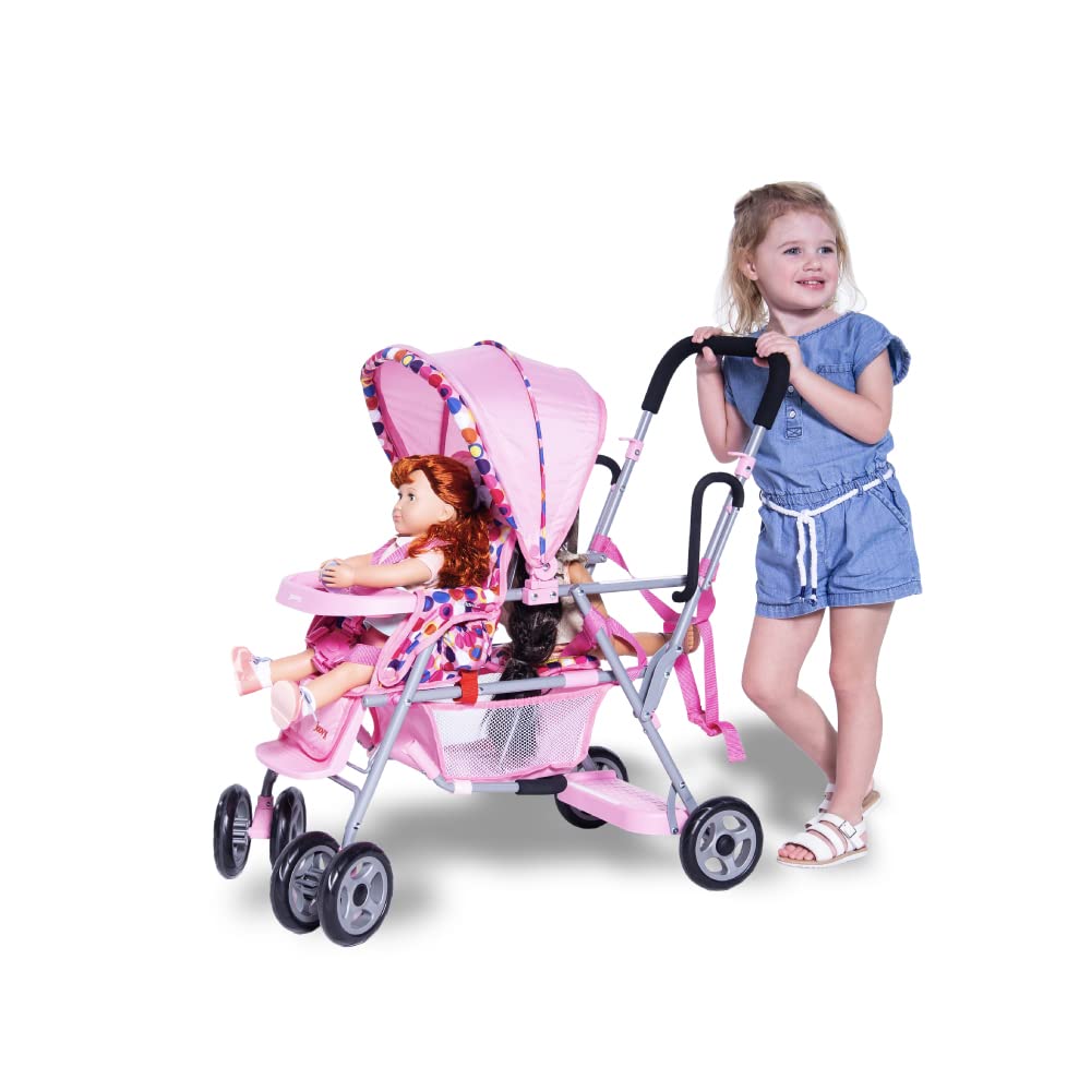 Joovy Toy Caboose Baby Doll Stroller with Reclining Seat, Adjustable Footrest & Storage - 3 Doll Capacity | Pink Dot Stroller for Kids Pretend Play, Role Play & Indoor/Outdoor Toddler Activities