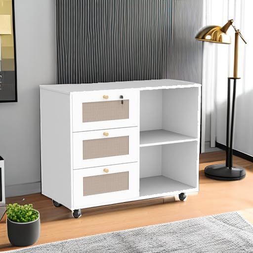 AWQM 3-Drawer Wooden Filing Cabinet with Lock - Office Storage Cabinet, Printer Stand with Open Shelves, Rattan Mobile File Organizer for Home & Office, White - Perfect for Document Storage, Printer Organization & Home Office Decor