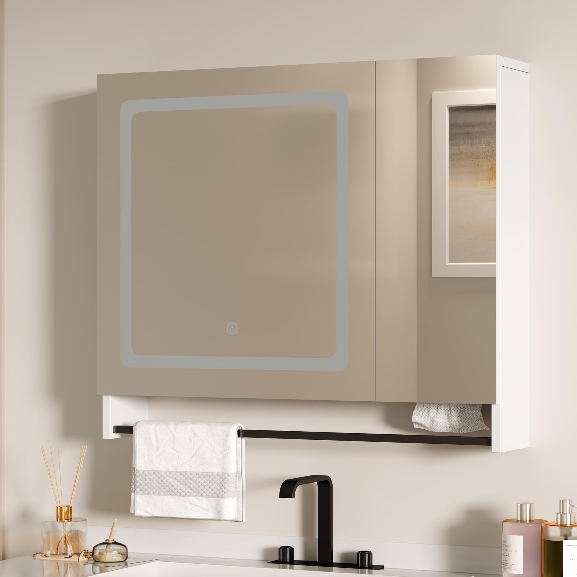 ChooChoo LED Medicine Cabinet with Mirror - Wall Mounted Bathroom Storage with Adjustable Shelves & Towel Bar - White Modern Vanity Cabinet for Bathroom Organization & Makeup Application