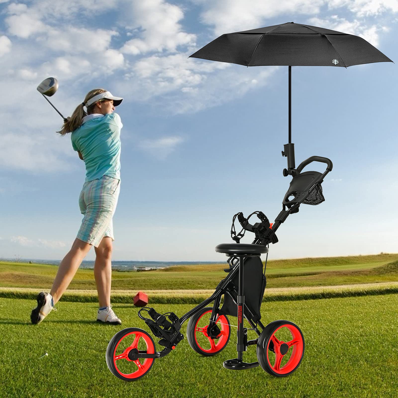 GYMAX 3-Wheel Golf Push Cart - Foldable Lightweight Golf Trolley with Adjustable Height, Umbrella Holder, Hydraulic Seat, Storage Bag & Cup Holder | Perfect for Golf Clubs, Courses & Outdoor Practice