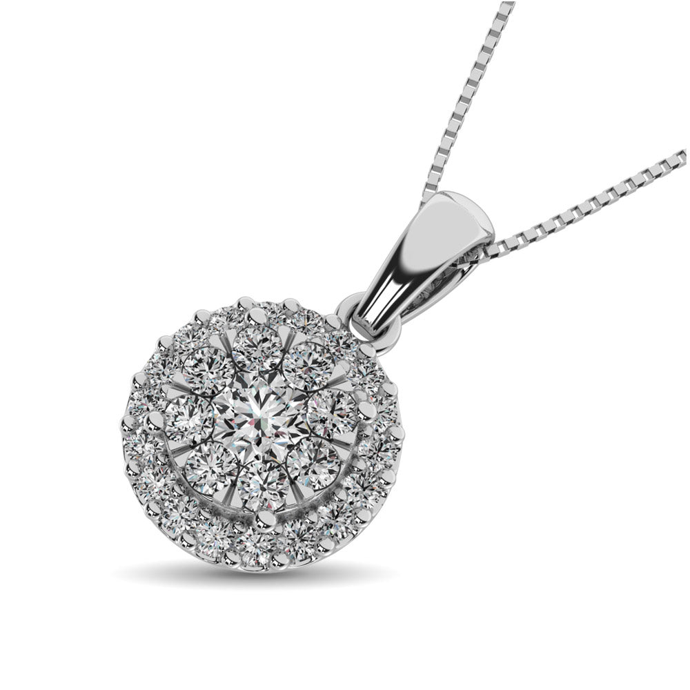14K White Gold 0.61ctw Round Brilliant Cut Double Circle Diamond Pendant Necklace for Women - Perfect for Anniversary, Wedding & Special Occasion Gifts