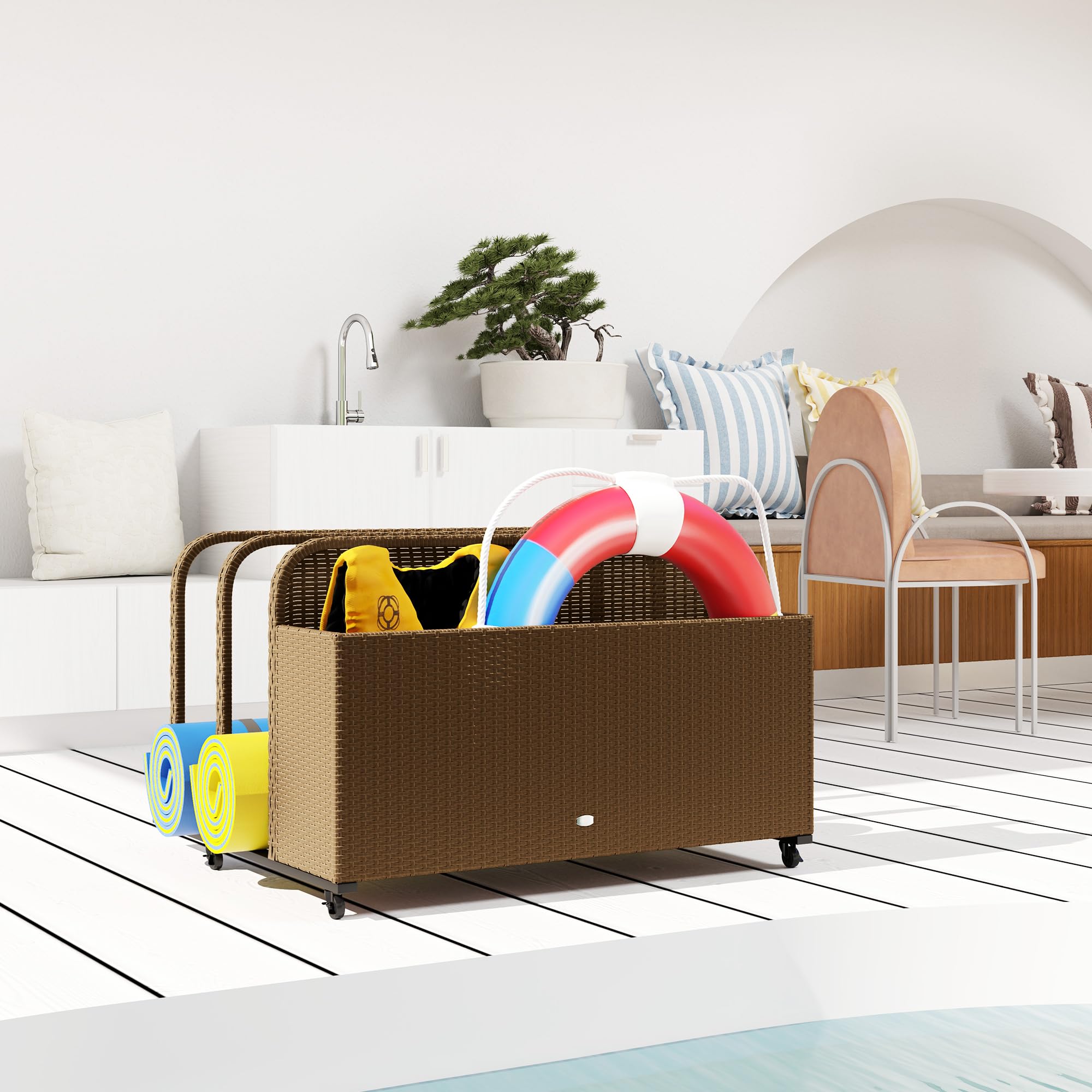 Outsunny Brown PE Rattan Pool Float Storage Basket with Wheels - Outdoor Wicker Caddy Organizer for Pool Toys, Floaties, Noodles, Beach Balls & Life Vests - Perfect for Backyard, Poolside & Beach Storage