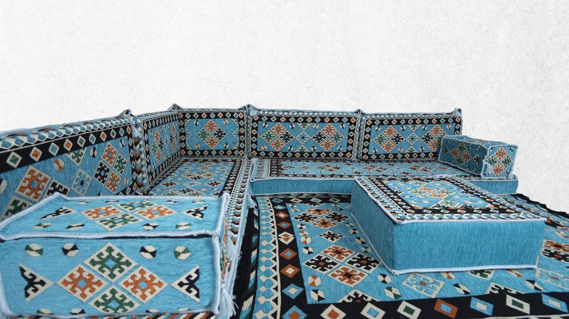 Turquoise Arabic Sofa - Bohemian Sectional Loveseat with Floor Cushions for Meditation & Lounge Seating | Perfect for Home Decor, Moroccan Style Living Room & Cozy Corner Relaxation