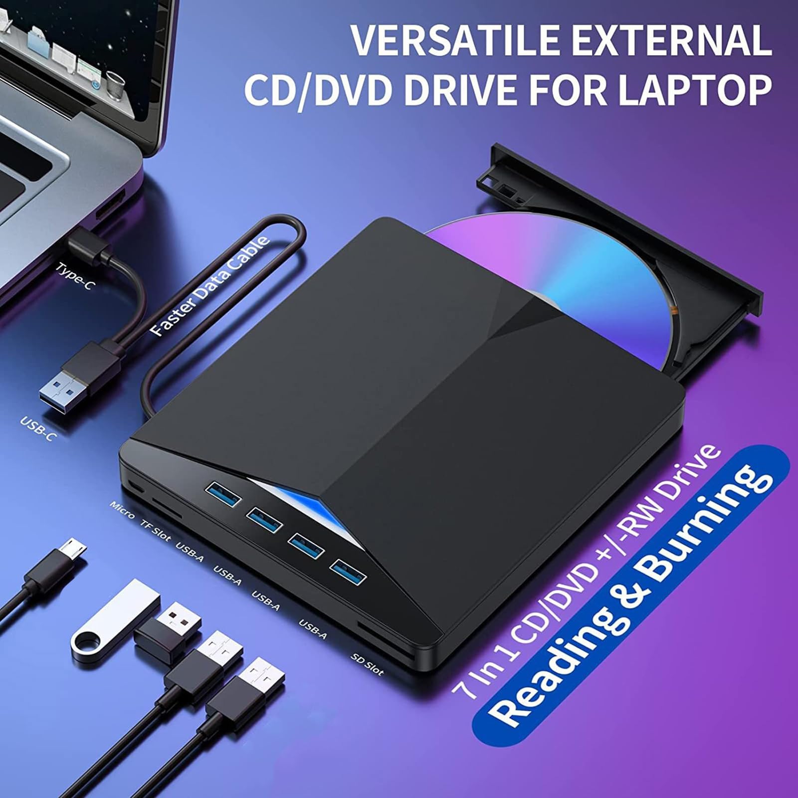 JSGHGDF 7-Port USB C External DVD Drive for Laptop - Portable CD/DVD Burner Writer with USB 3.0, Card Reader & Fast Data Transfer - Perfect for Home Office, Travel & Media Backup