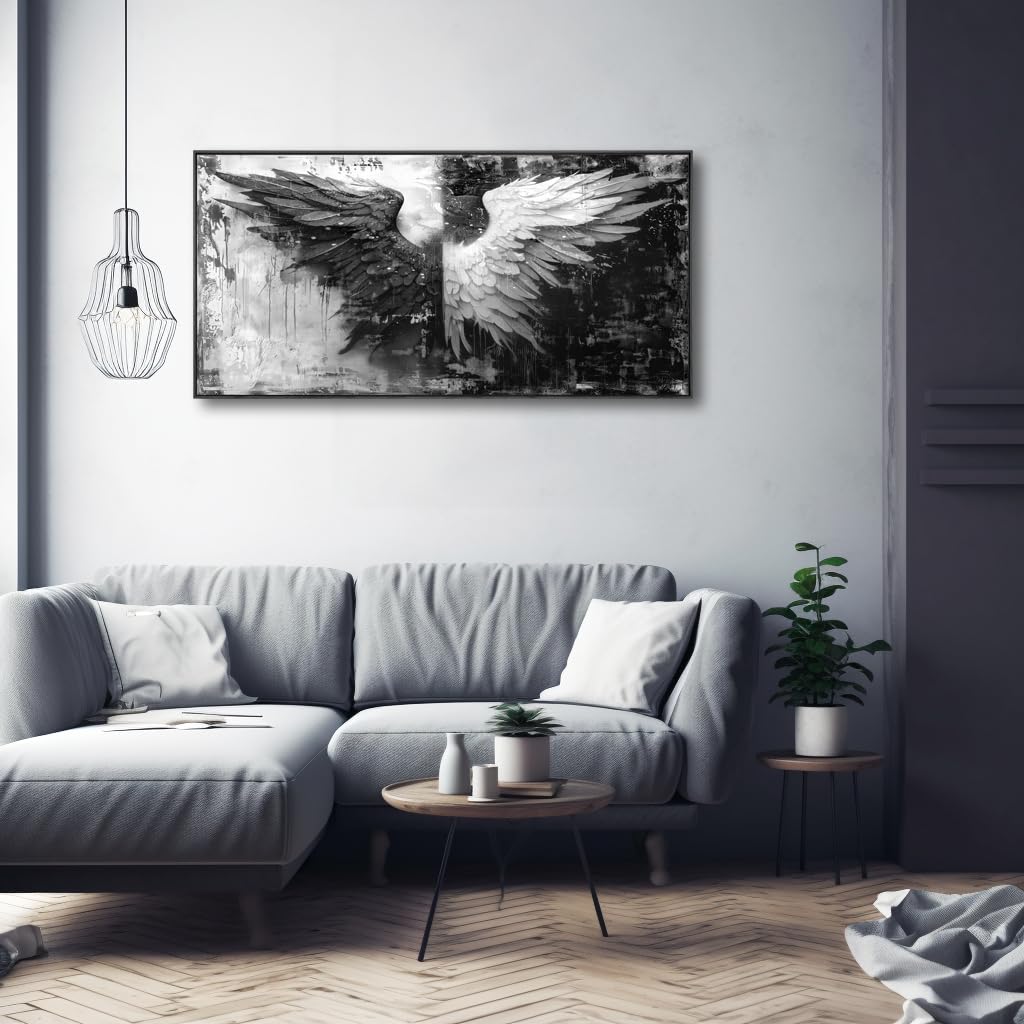 Modern Abstract Black and White Angel Wings Canvas Wall Art - Framed Home Decor for Bedroom, Living Room & Office - Perfect for Contemporary Interior Design & Gift Giving