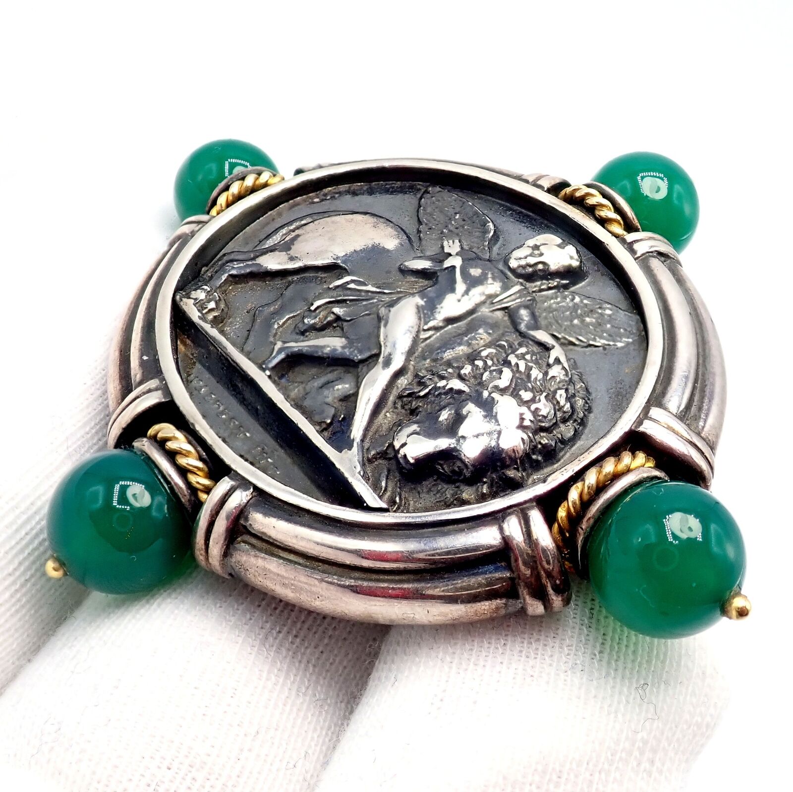 Authentic 18k Yellow Gold & Silver Large Medallion Chrysoprase Brooch - SeidenGang Vintage Jewelry for Women, Perfect for Weddings, Parties & Special Occasions