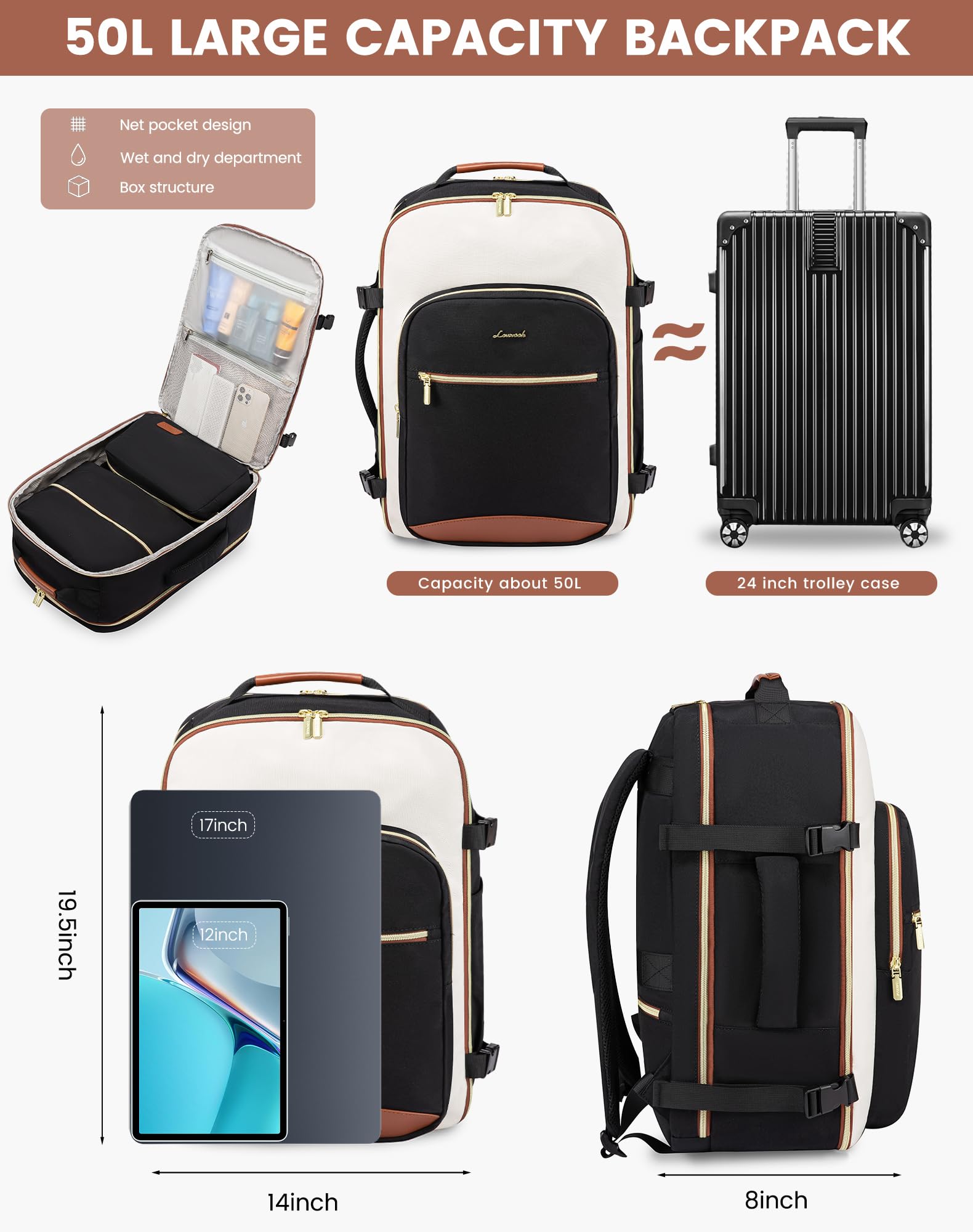 LOVEVOOK 50L Large Travel Backpack for Men & Women - Airline Approved Carry On Backpack with 3 Packing Cubes, Waterproof TSA Personal Item Bag Fits 18