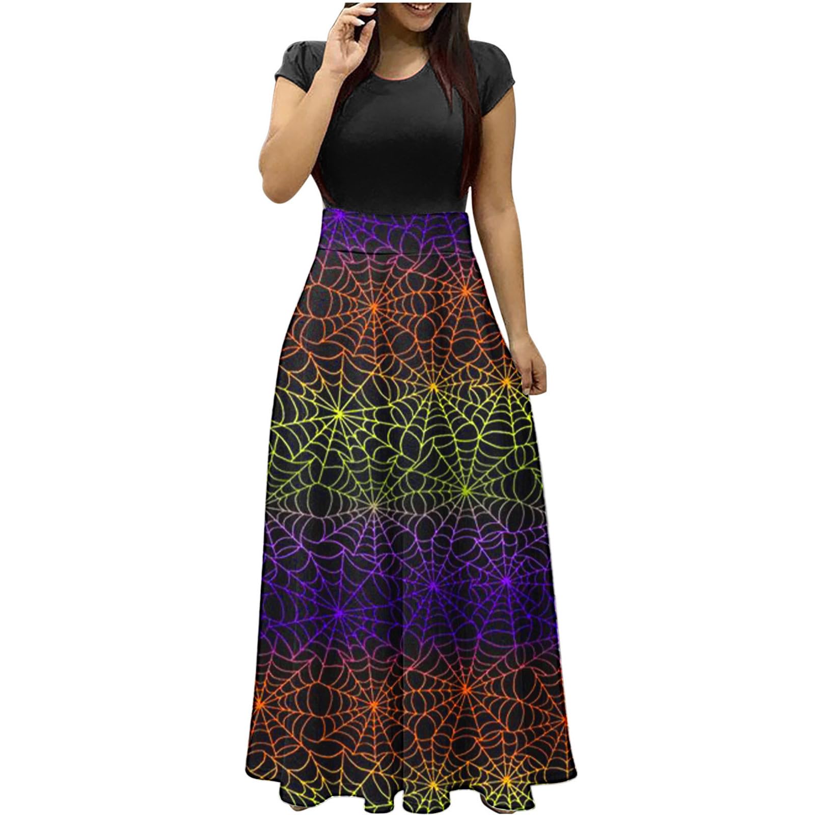 Vintage Style Women's Halloween Party Dress - Short Sleeve Printed A-Line Dress for Costume Parties, Cosplay & Halloween Events | Great for Halloween Night, Themed Parties & Dress-Up Fun