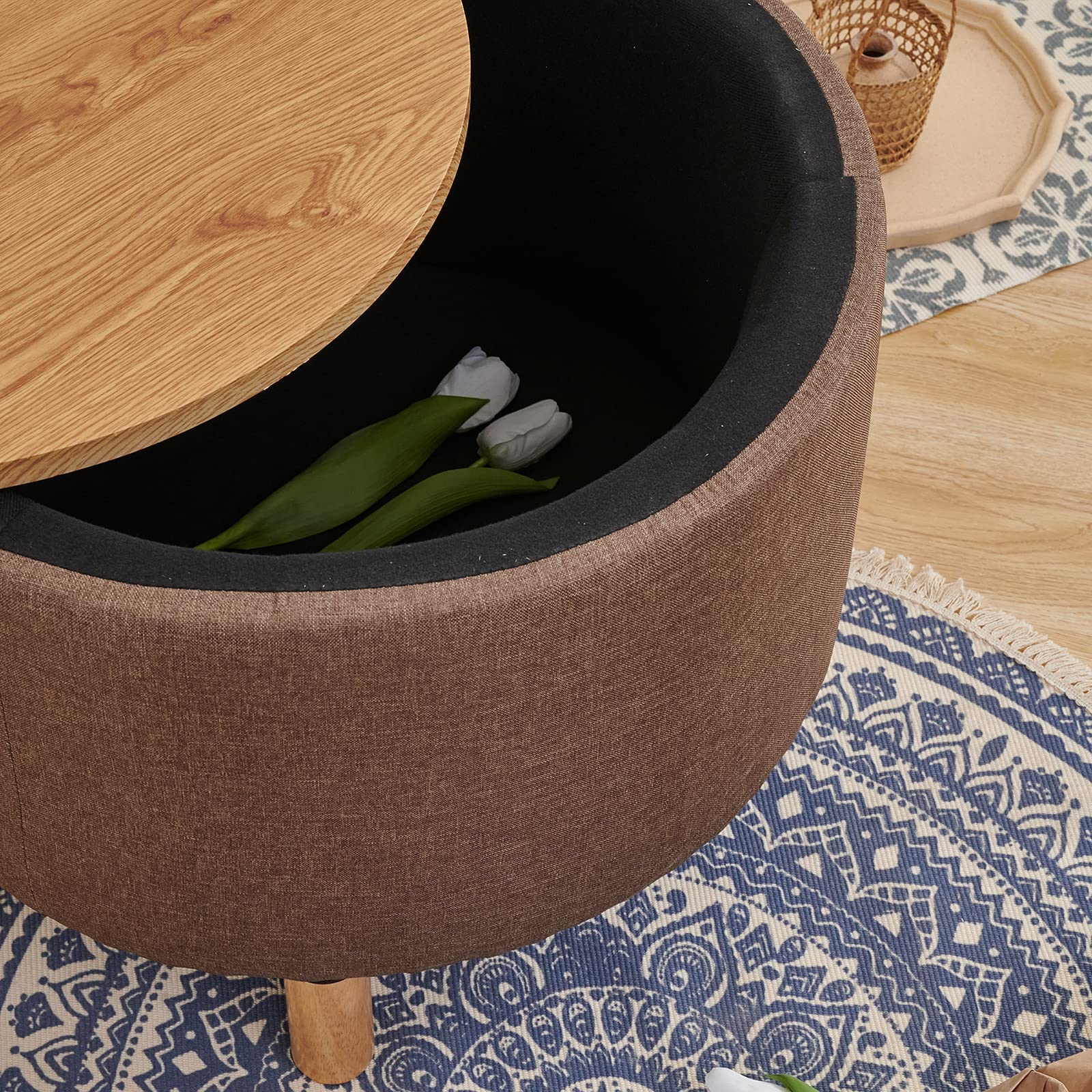 Round Coffee Table with Storage - Multi-Function Ottoman Foot Rest, High-Capacity Cotton Linen Fabric, Natural Color - Perfect for Living Room, Bedroom & Home Office Use