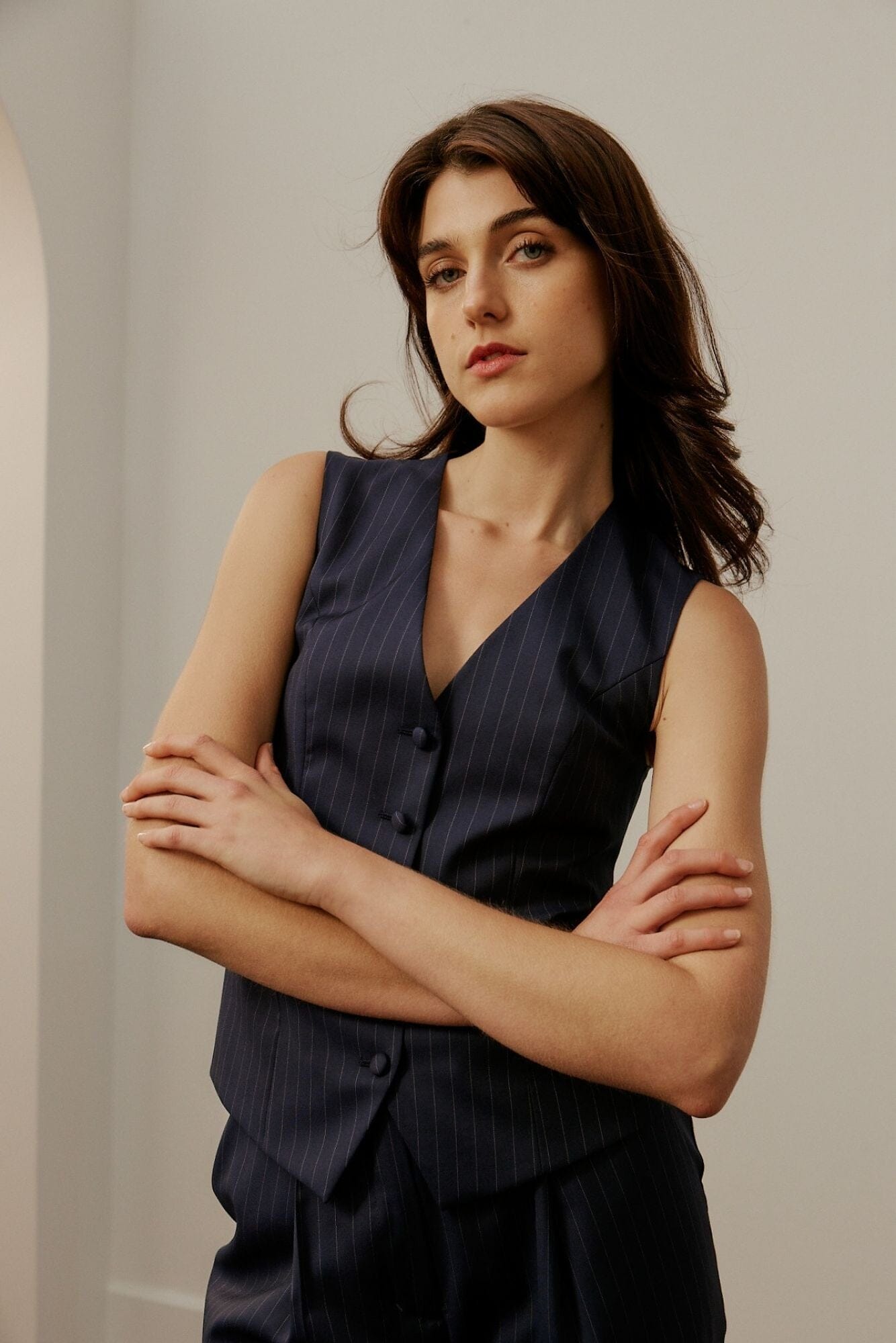 Rachel 5-Button Women's Navy Pinstripe Vest - Perfect for Office Wear, Business Casual & Formal Outfits