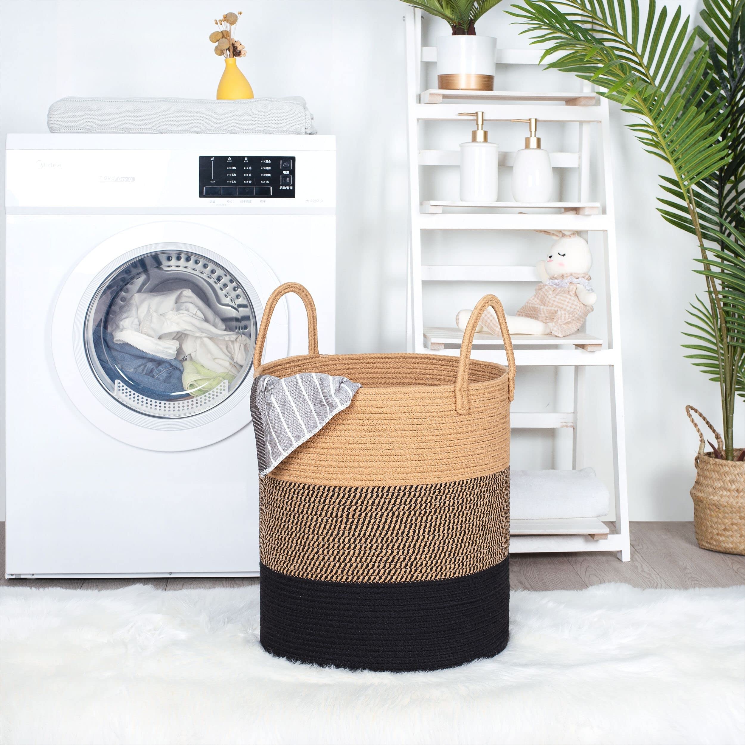 MINTWOOD Large Woven Cotton Rope Storage Basket - 18x16 Inch Decorative Hamper for Laundry, Blankets, Toys & Pillows | Tall Jute Basket for Living Room, Bedroom & Nursery Organization | Eco-Friendly Home Decor Storage Solution