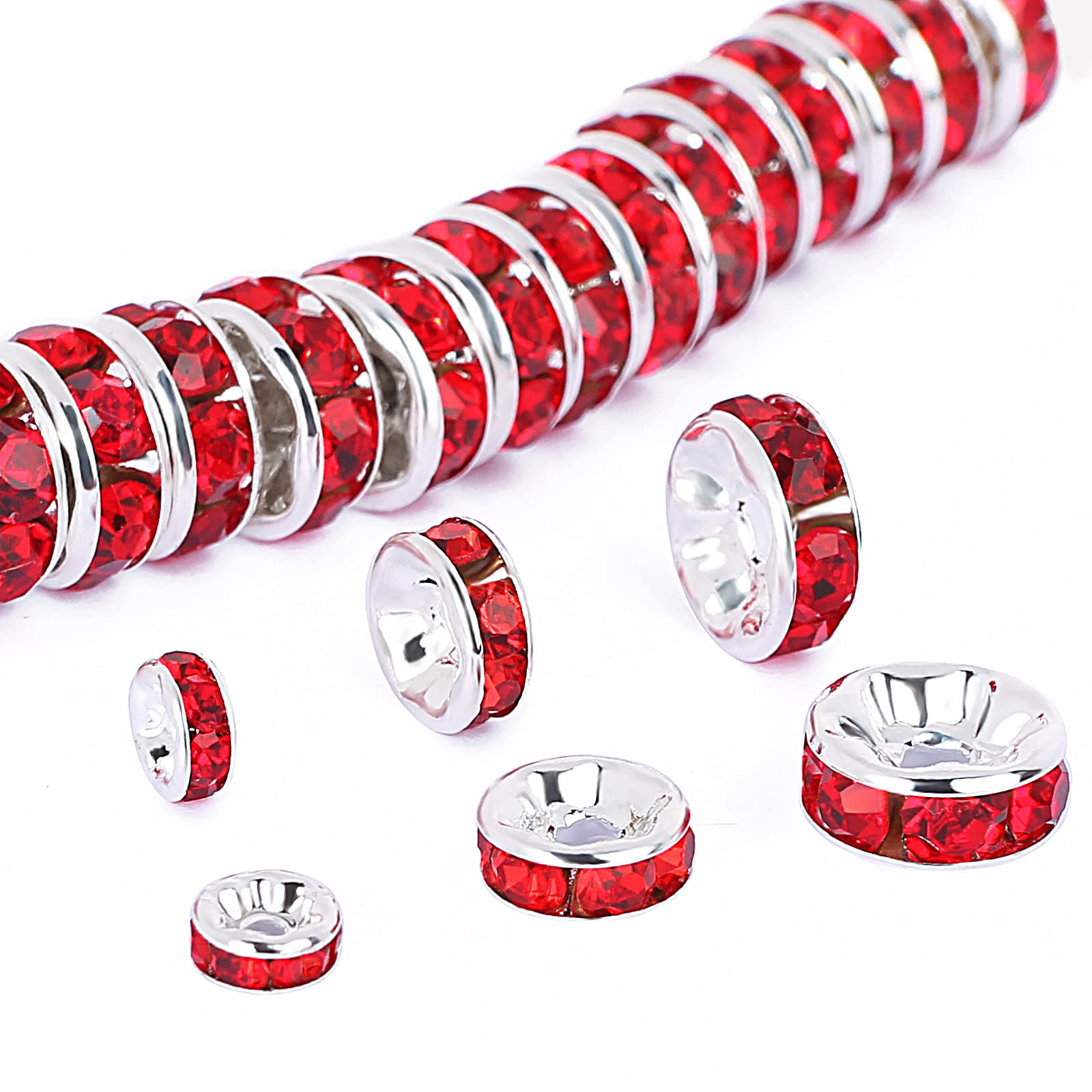 150Pcs Round Rhinestone Spacer Beads 4mm 6mm 8mm - Crystal Loose Beads Set for Jewelry Making - Copper Charm Beads for Necklaces, Bracelets DIY (Red) - Perfect for Crafting, Gifts & Fashion Accessories