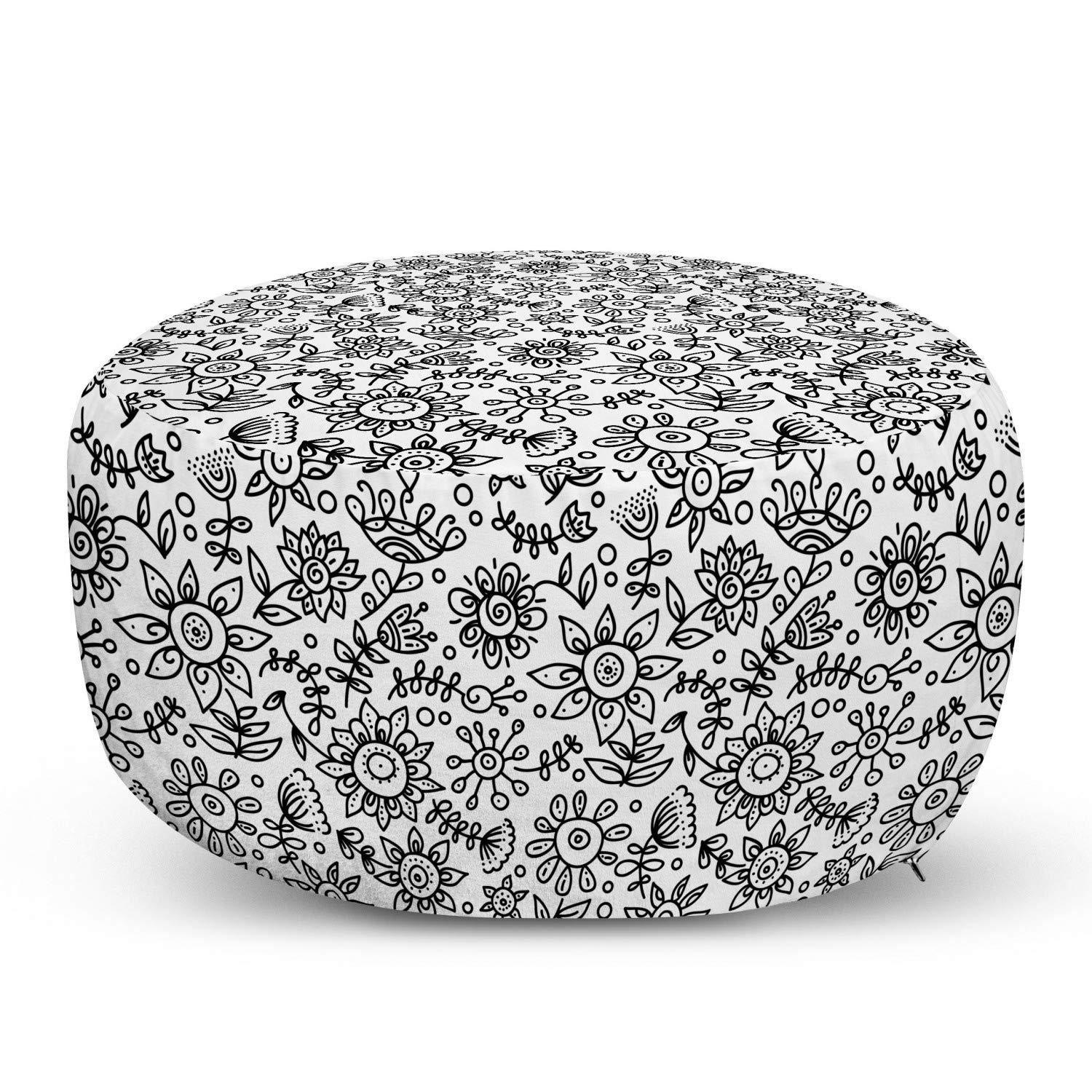 Ambesonne Black and White Ottoman Pouf with Floral Doodle Pattern - Soft Foot Rest Stool with Removable Cover for Living Room, Bedroom & Office - Modern Abstract Feminine Home Decor for Relaxing & Reading Nook