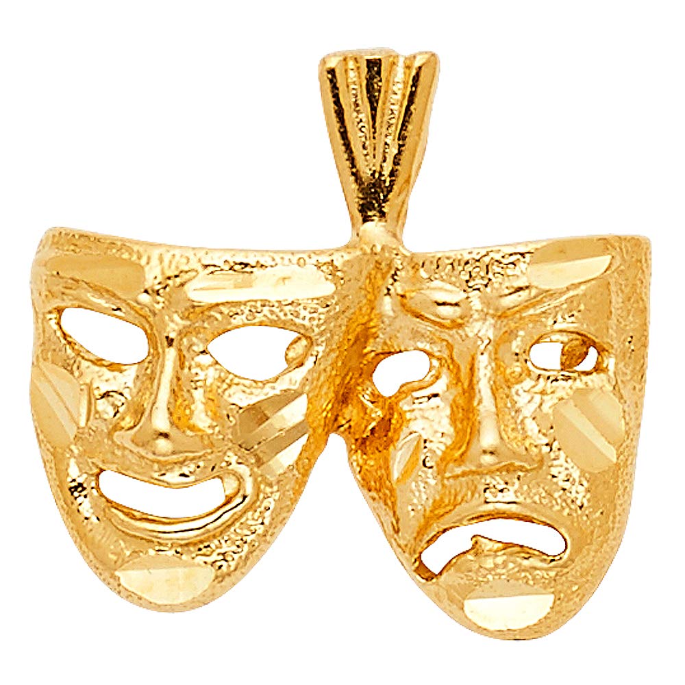 14K Yellow Gold Double Face Mask Charm Pendant - Elegant Polished Ornate Design for Necklace | Perfect for Gifts, Jewelry Making & Costume Accessories
