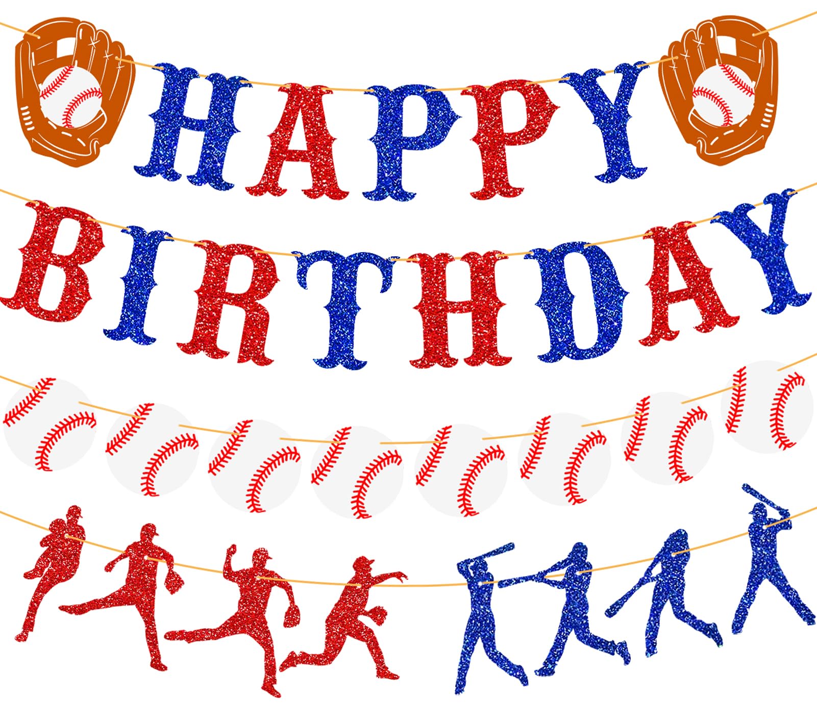 Ushinemi 4-Piece Baseball Birthday Banner Set - Glitter Baseball Silhouette Garland, Sports Party Decorations for Baseball Themed Birthday Parties, Baby Showers & Game Day Celebrations