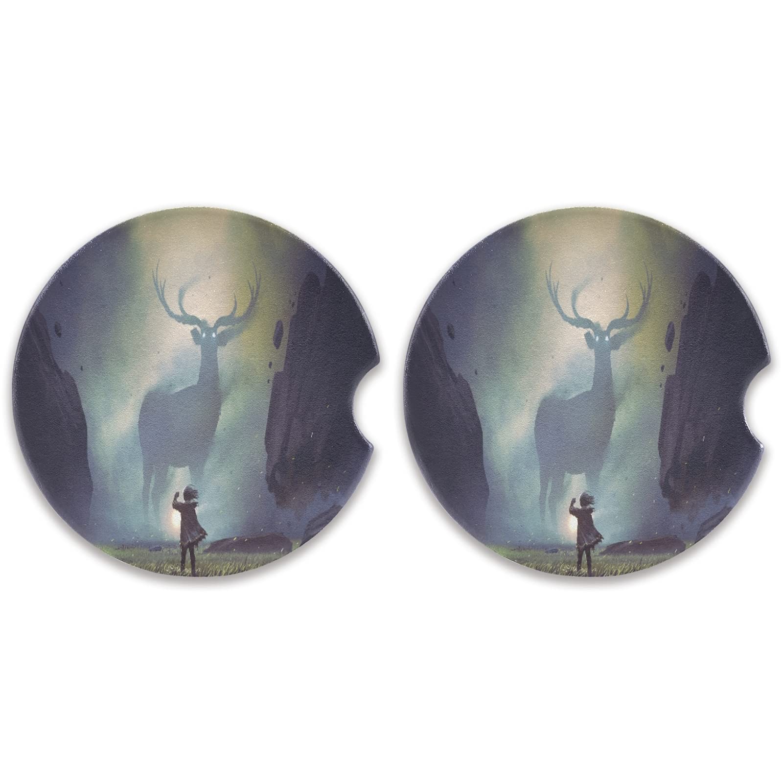2 Pack Absorbent Deer Ceramic Car Coasters with Fingertip Grip, 2.5 Inch - Perfect for Car Cup Holders, Spill-Free Drink Solution for Commuters and Road Trips