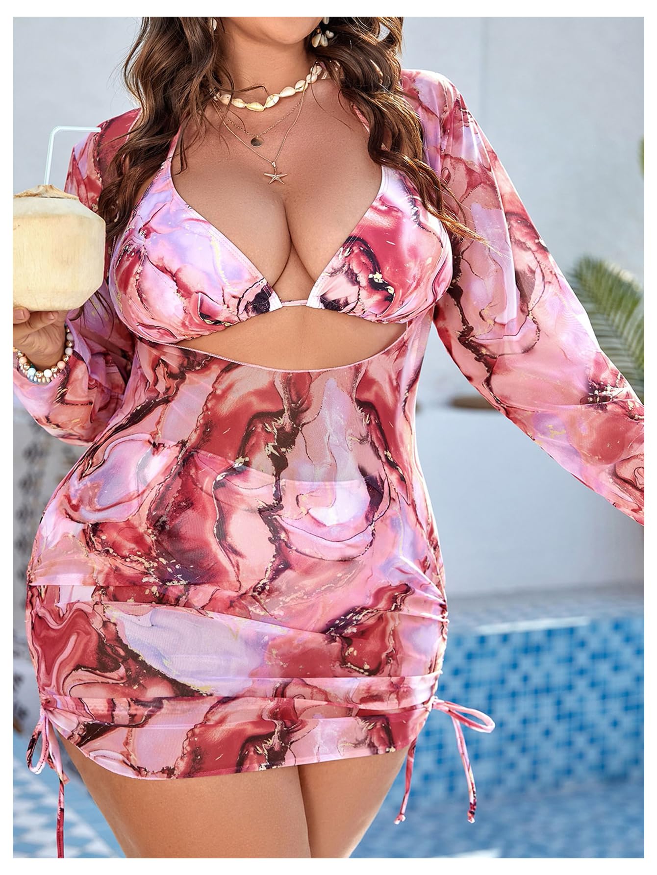 MakeMeChic Women's Plus Size 3-Piece Rhinestone Halter Triangle High Waisted Bikini Swimsuit with Cover Up Set - Sexy Beachwear for Pool Parties & Summer Vacations