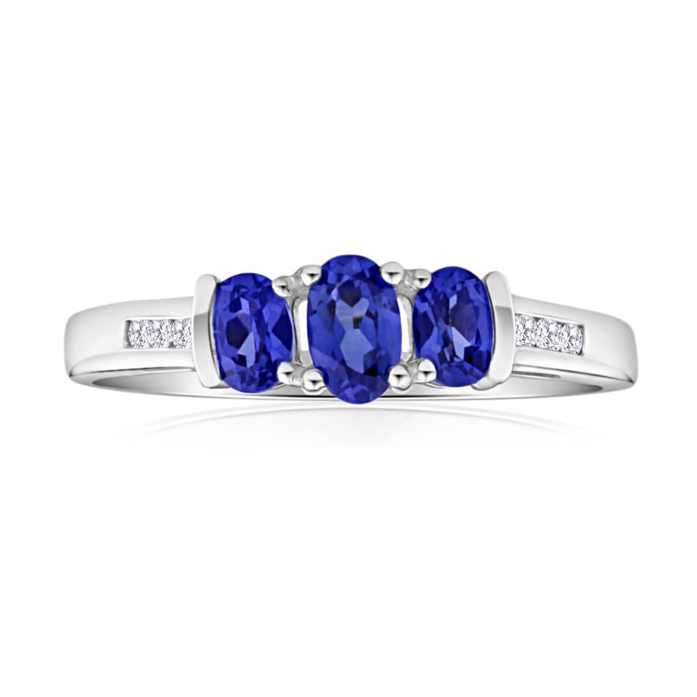 9ct White Gold Created Tanzanite and Diamond Trio Ring for Women | Elegant Engagement, Wedding, Anniversary Gift