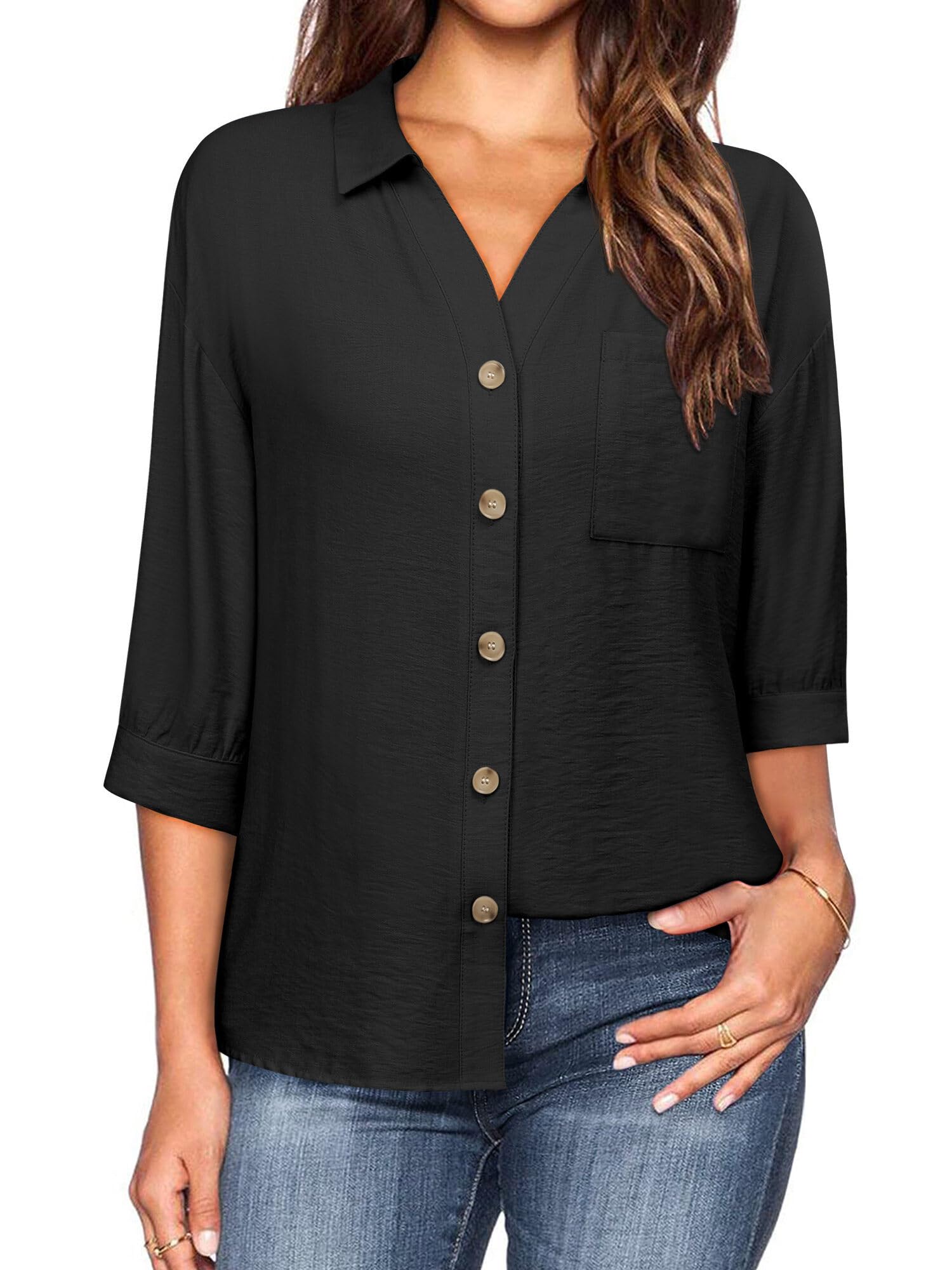 Women's V-Neck Linen Button-Down Shirt - 3/4 Sleeve Relaxed Fit Casual Blouse with Pocket | Soft Breathable Office Wear & Summer Work Tops for Business Casual & Weekend Outings