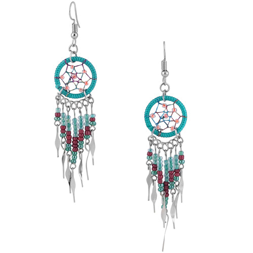 Stainless Steel Dream Catcher Dark Green Beaded Dangle Earrings for Women - Boho Chic Jewelry for Parties, Festivals & Everyday Wear