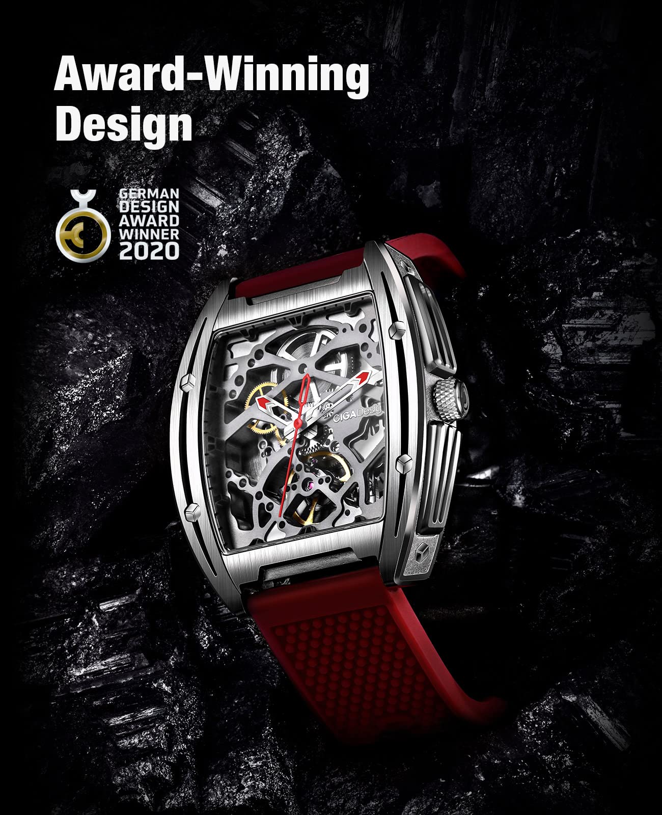 CIGA Design Z Series Automatic Mechanical Watch for Men & Women - Luxury Skeleton Tonneau Wristwatch with Leather & Silicone Strap, Stainless Steel Case, Waterproof Dress Watch - Perfect for Business, Formal Events & Gift Giving