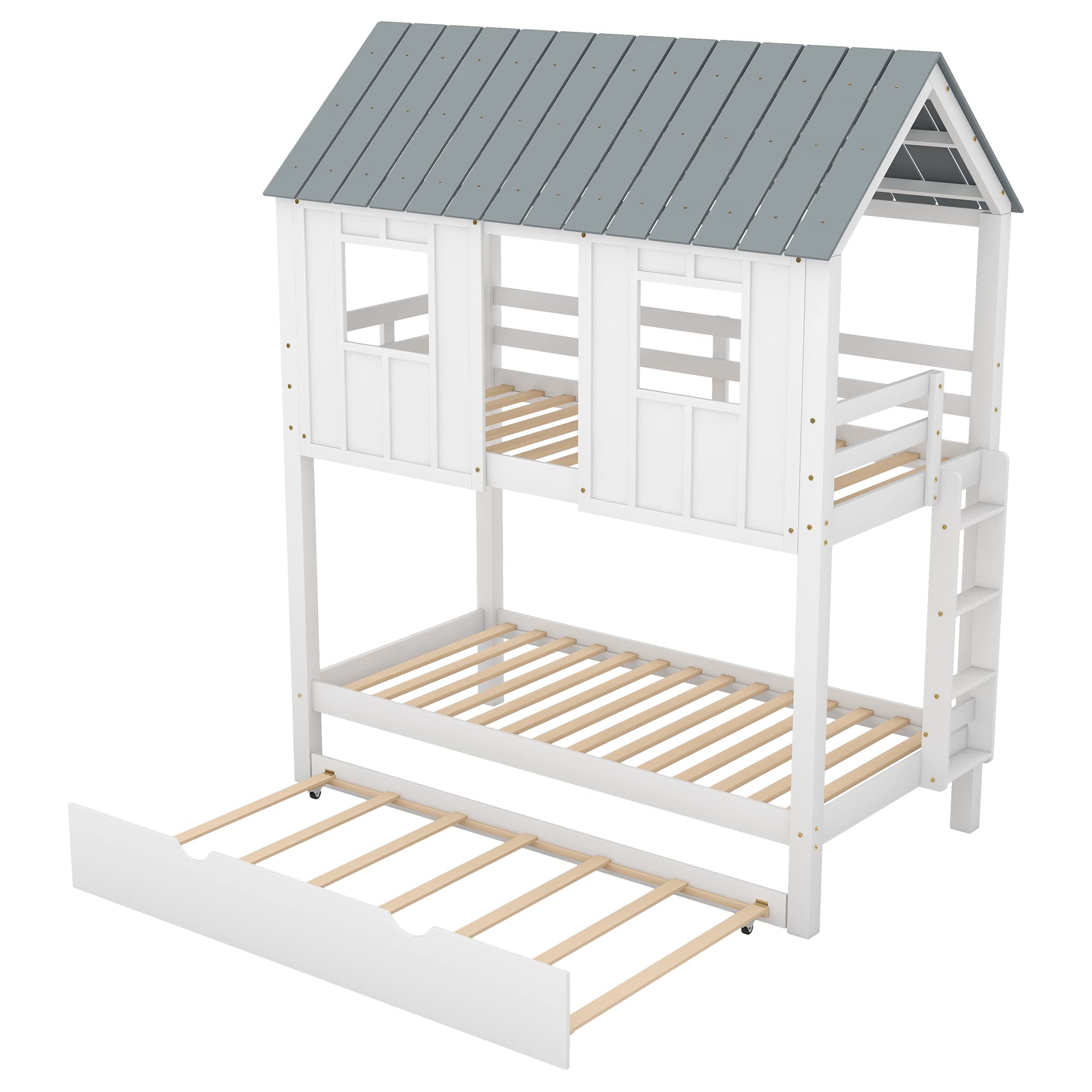 MERITLINE Twin Over Twin Wooden Bunk Bed with Trundle - Playhouse Design with Roof & Windows - Kids Bunk Bed for Small Spaces - Perfect for Shared Bedrooms, Sleepovers & Playtime (White)