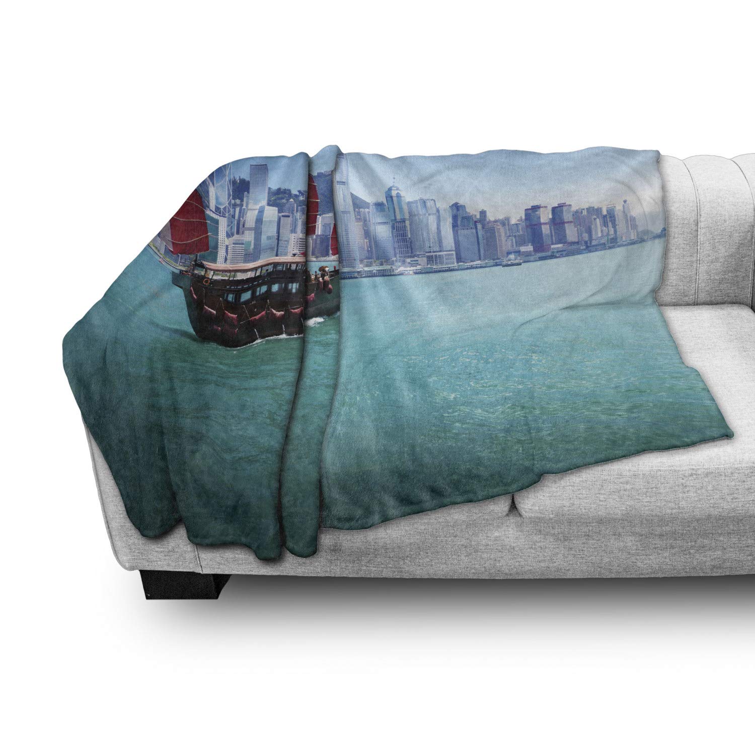 Ambesonne Ocean Throw Blanket - Hong Kong Harbour Traditional Junk Boat Design with Flags & Skyline | Soft Flannel Fleece Accent Blanket for Couch, Bed, Sofa (50x60 Inches, Blue Aqua Red) | Perfect for Home Decor, Living Room, Gift Giving & Cozy Evenings