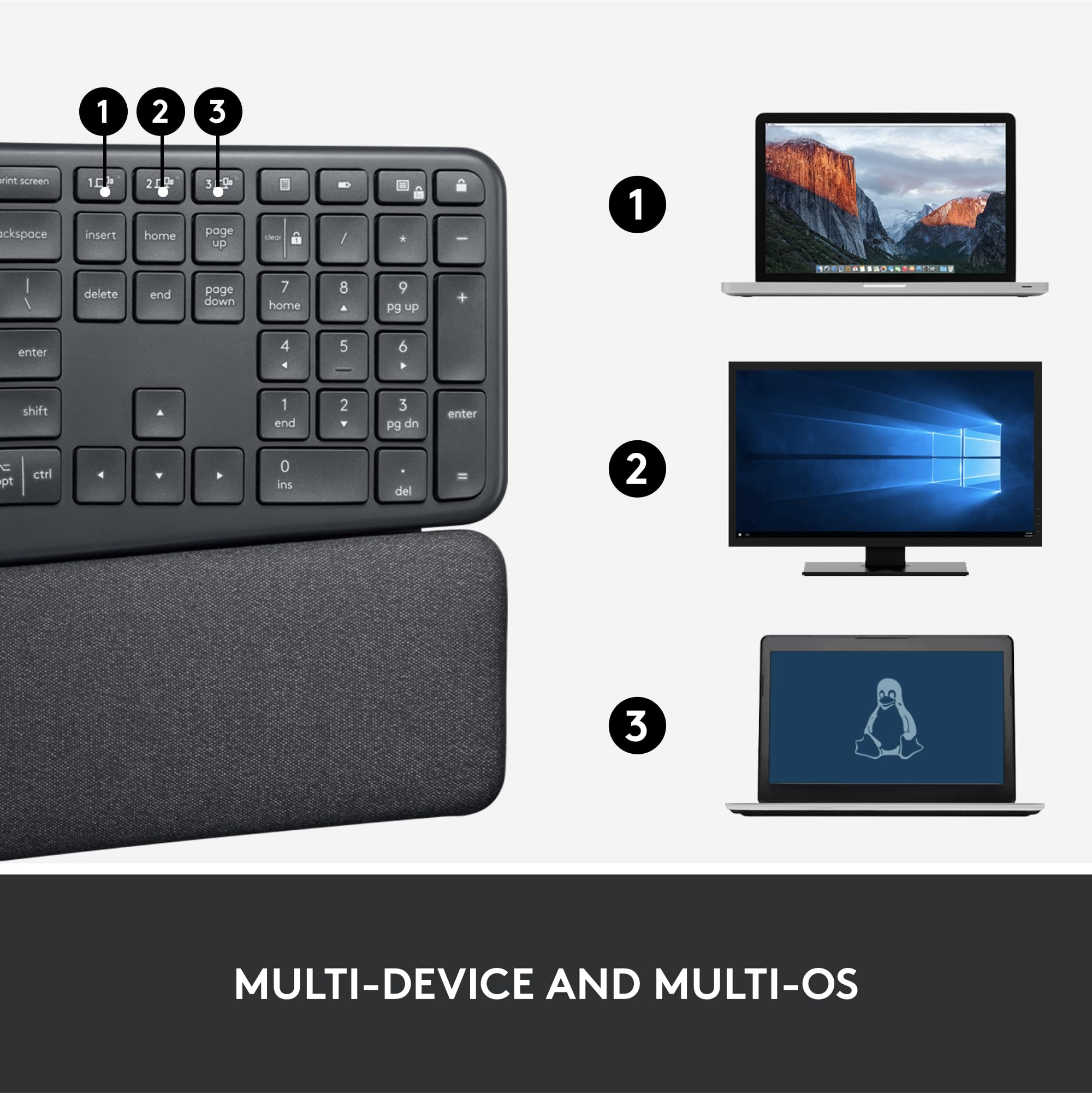 Logitech ERGO K860 Wireless Ergonomic Split Keyboard with Wrist Rest - Natural Typing, Bluetooth & USB Connectivity, Windows/Mac Compatible (Black) - Perfect for Office Work, Long Typing Sessions & Reducing Wrist Strain
