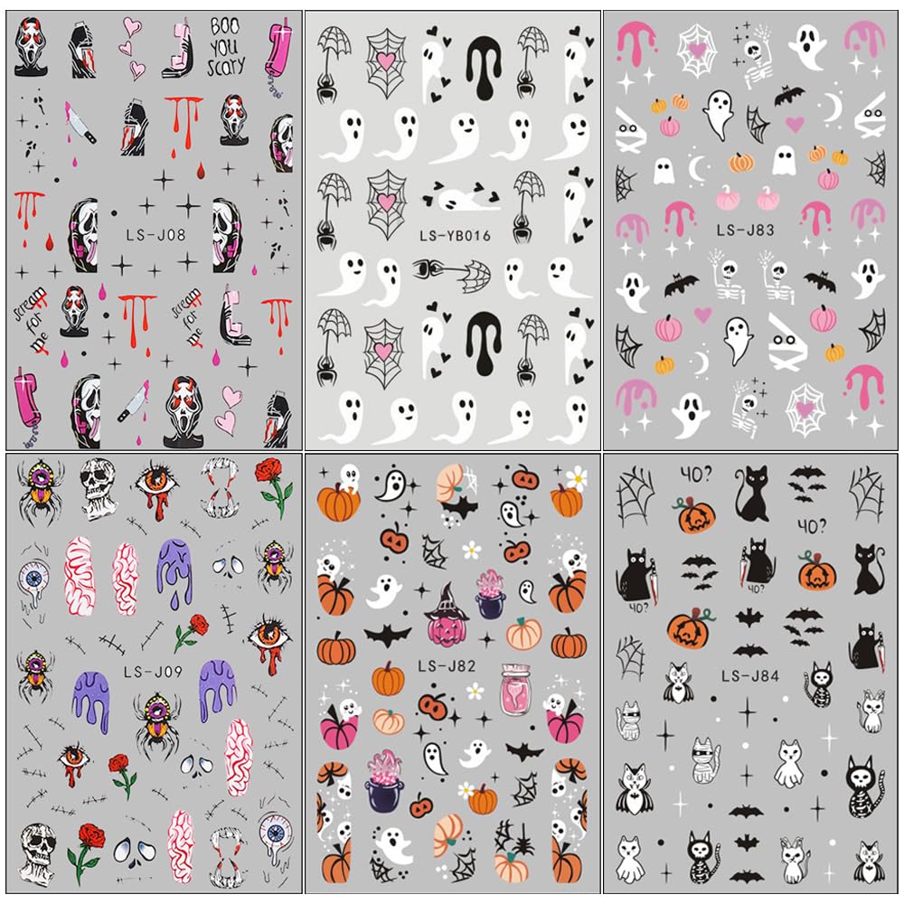 3D Halloween Nail Stickers - Self-Adhesive Pink Ghost, Skull, Pumpkin & Spider Web Designs - DIY Nail Art Decals for Women & Kids - 6 Sheets - Perfect for Halloween Parties, Costume Nails & Spooky Nail Art