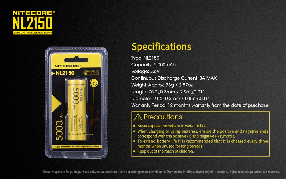 Nitecore NL2150 5000mAh Rechargeable 21700 Lithium Ion Battery - High Capacity Power for Flashlights, Vapes & Outdoor Gear - Perfect for Camping, Hiking & Emergency Kits