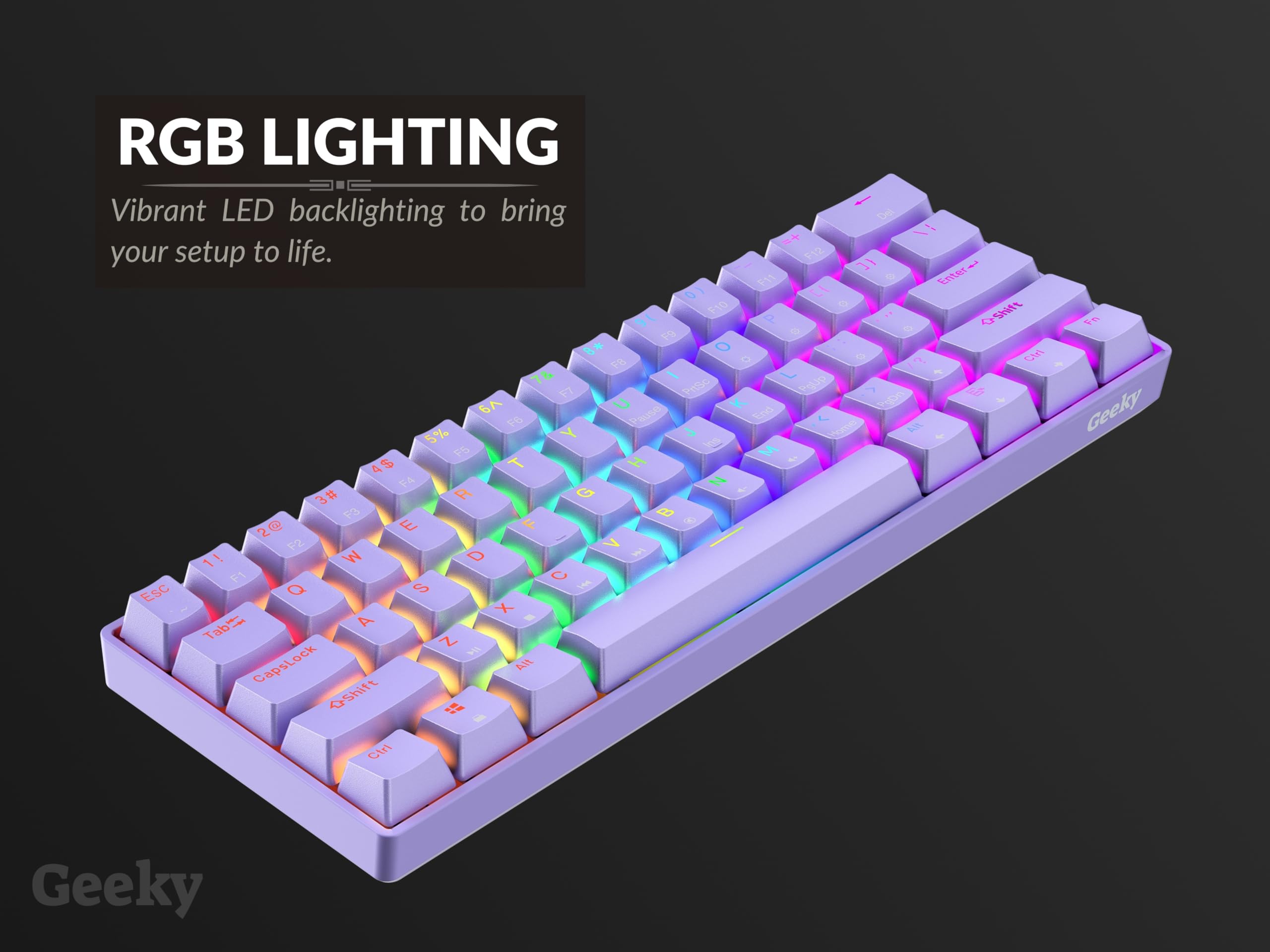 Geeky GK61 60% Hot Swappable Mechanical Gaming Keyboard - 61 Key RGB Backlit, ANSI US Layout (Lavender/Black) for PC & Mac Gamers | Perfect for Esports, Coding & Office Work