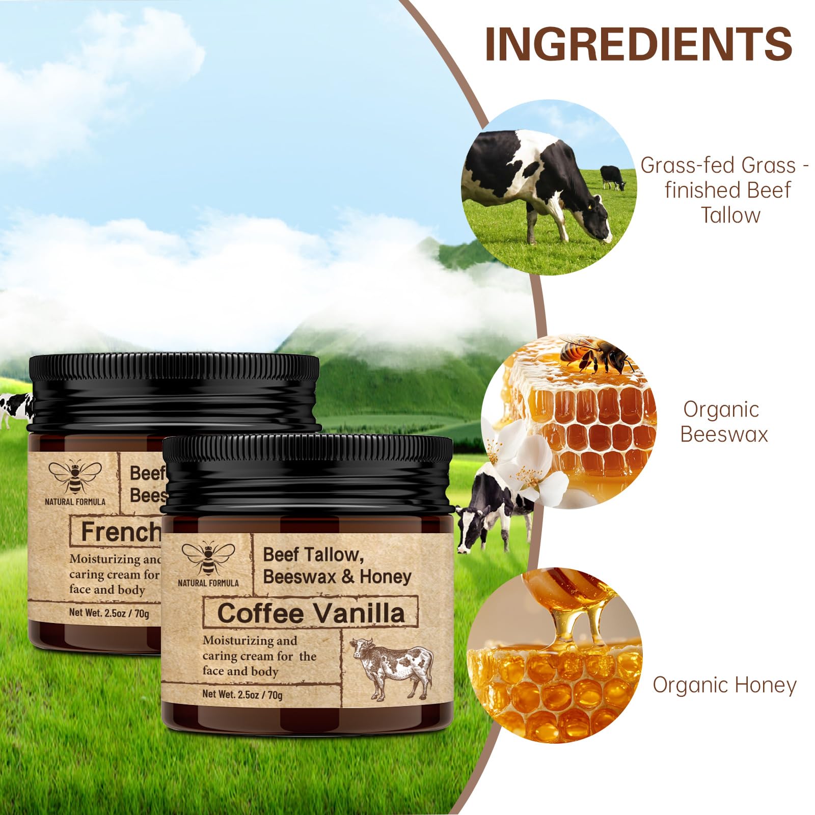 Organic Grass-Fed Whipped Beef Tallow & Honey Balm for Face & Body | Fast Absorbing Moisturizer for Dry Skin | Coffee Vanilla Scent | 2.5 oz (1 Pack) | Perfect for Daily Skincare Routine & Natural Beauty Regimen
