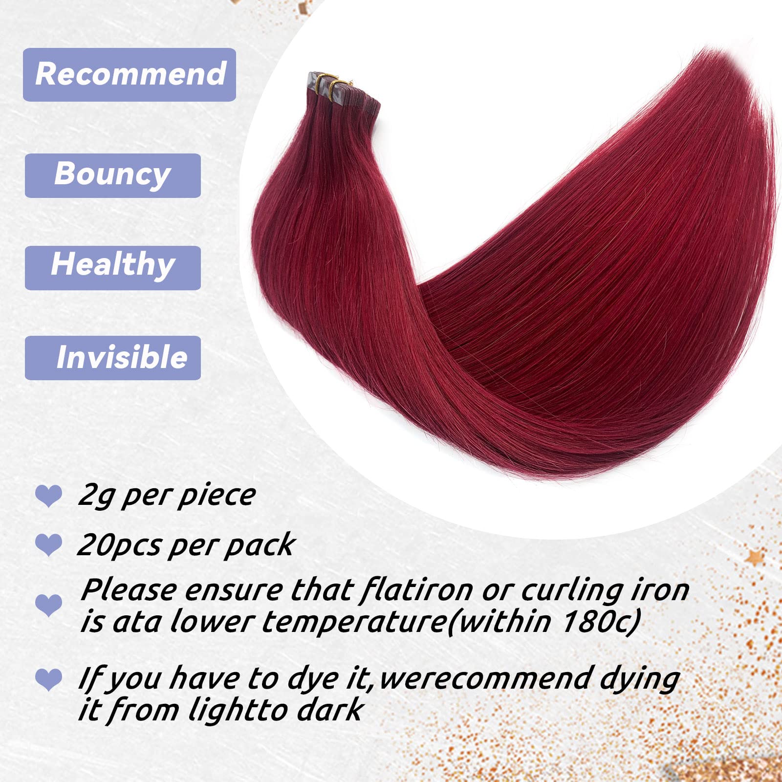Smavida Tape in Hair Extensions #99J Red Wine - 20pcs/30g Human Hair Wefts | Seamless Skin Weft Silk Straight Remy Hair Extensions with Glue | Perfect for Parties, Weddings & Daily Styling